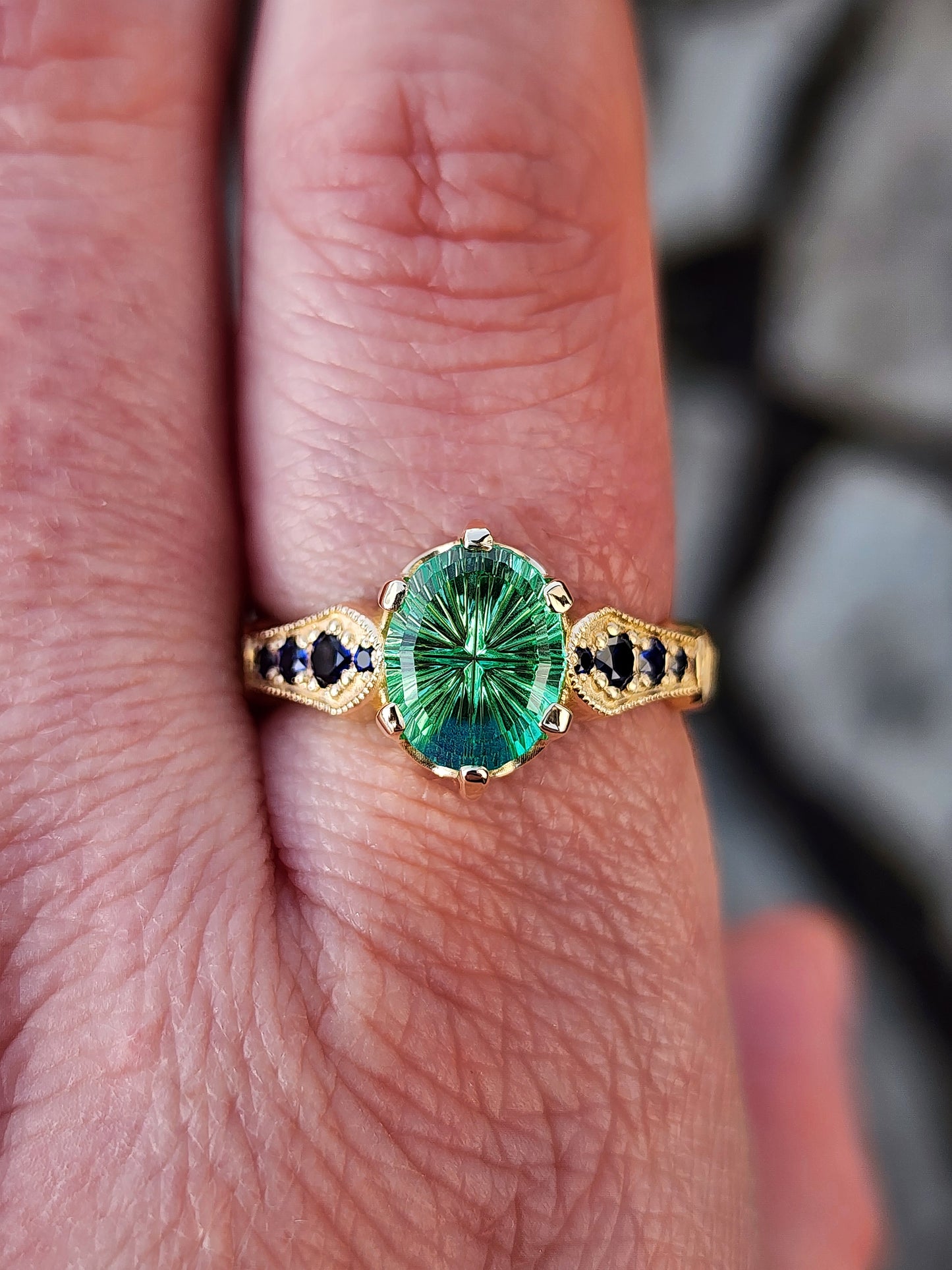 Hidden Rose Window with Fantasy Cut Oval Blue Green Lab Sapphire image 9