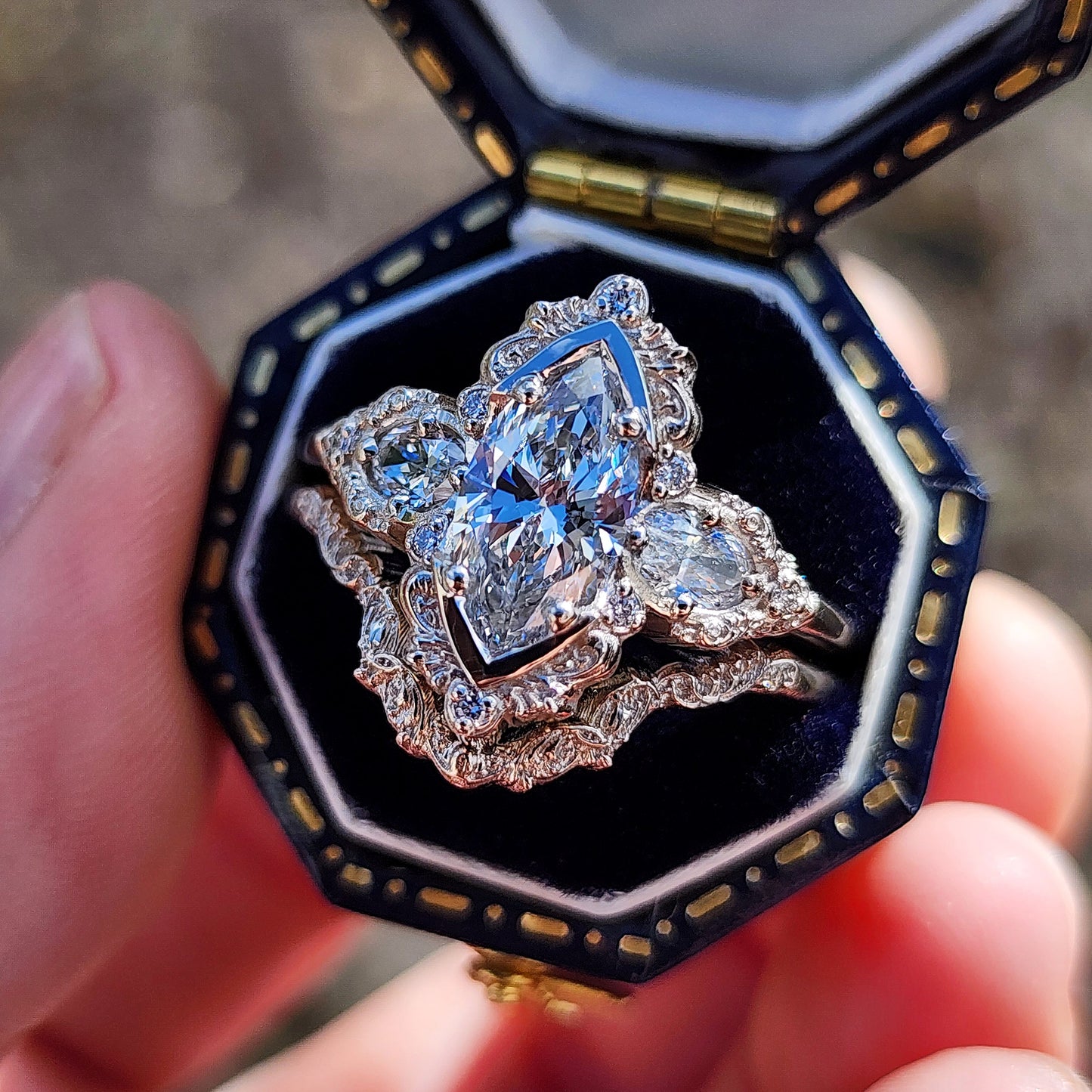 Josephine Filigree Wedding Ring Set with a 1.27ct E/VVS2 Marquise Lab Diamond image 3