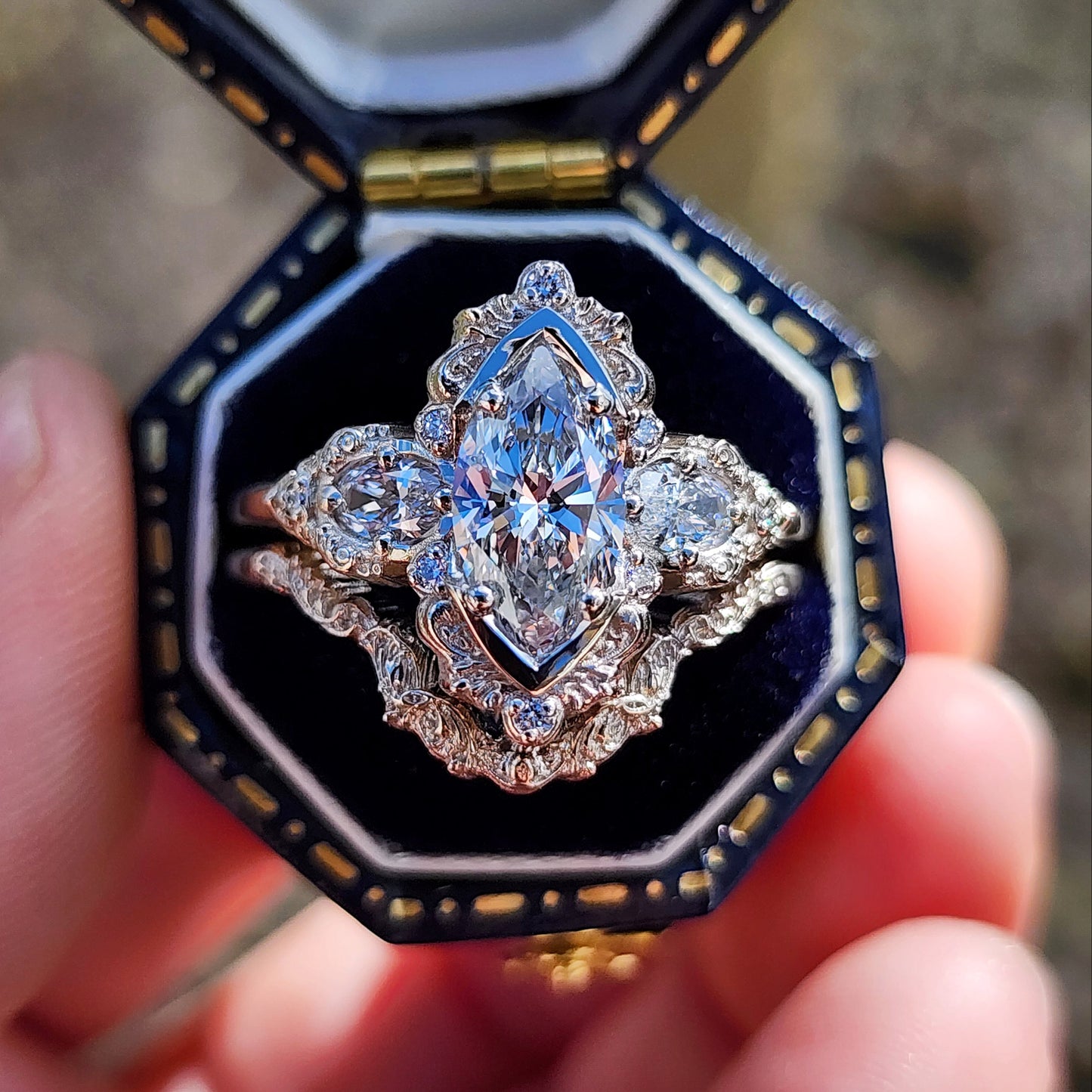 Josephine Filigree Wedding Ring Set with a 1.27ct E/VVS2 Marquise Lab Diamond image 5