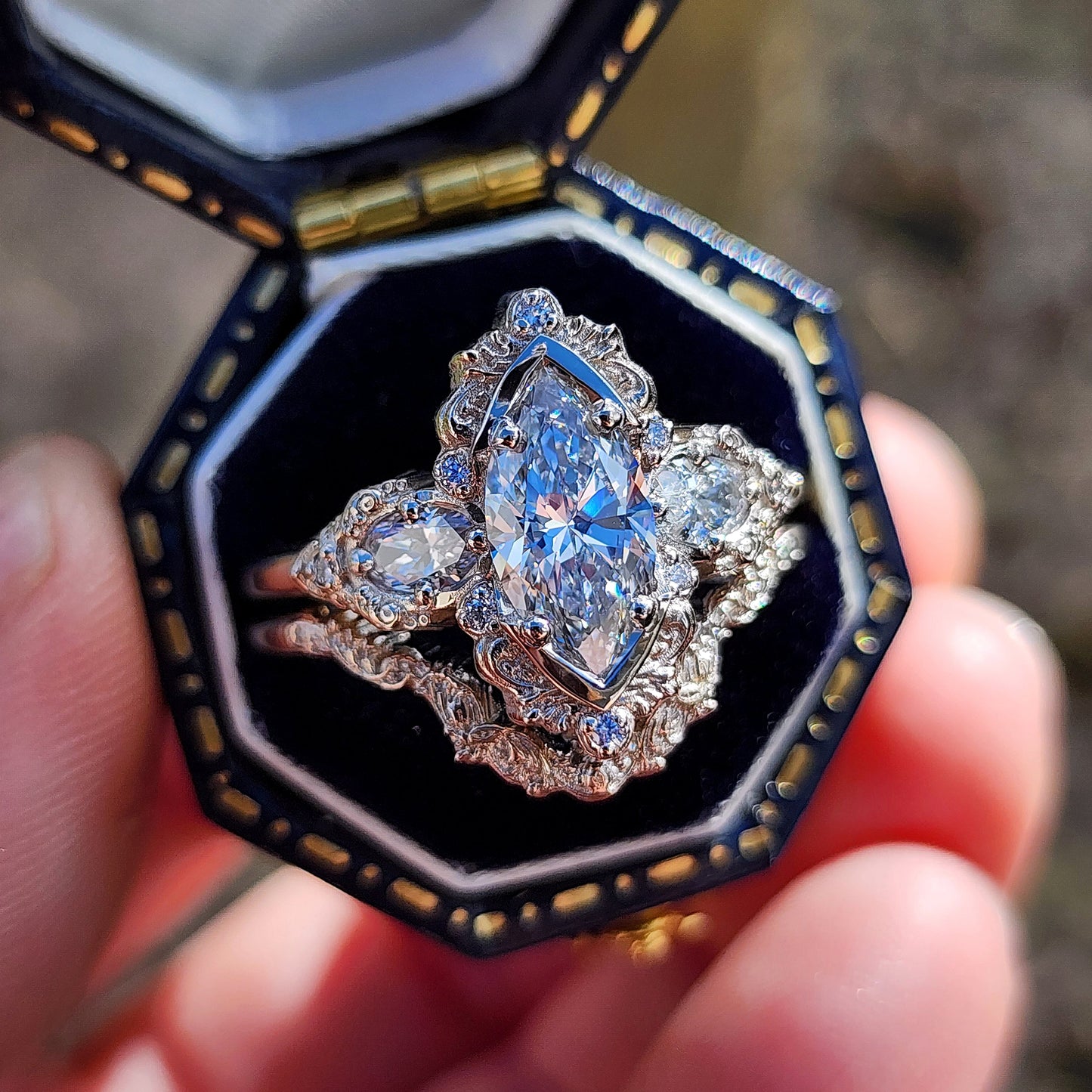 Josephine Filigree Wedding Ring Set with a 1.27ct E/VVS2 Marquise Lab Diamond image 2