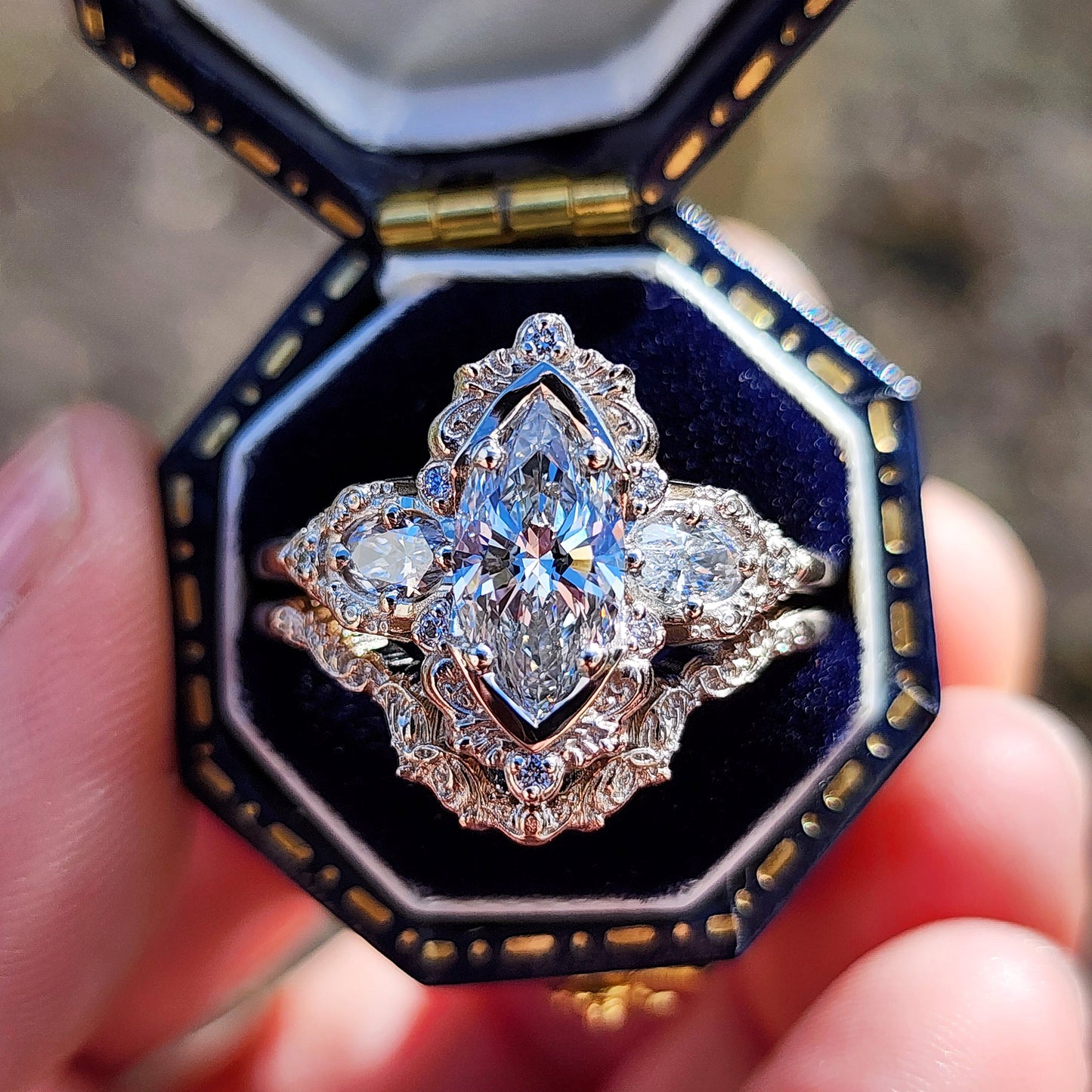 Josephine Filigree Wedding Ring Set with a 1.27ct E/VVS2 Marquise Lab Diamond image 1