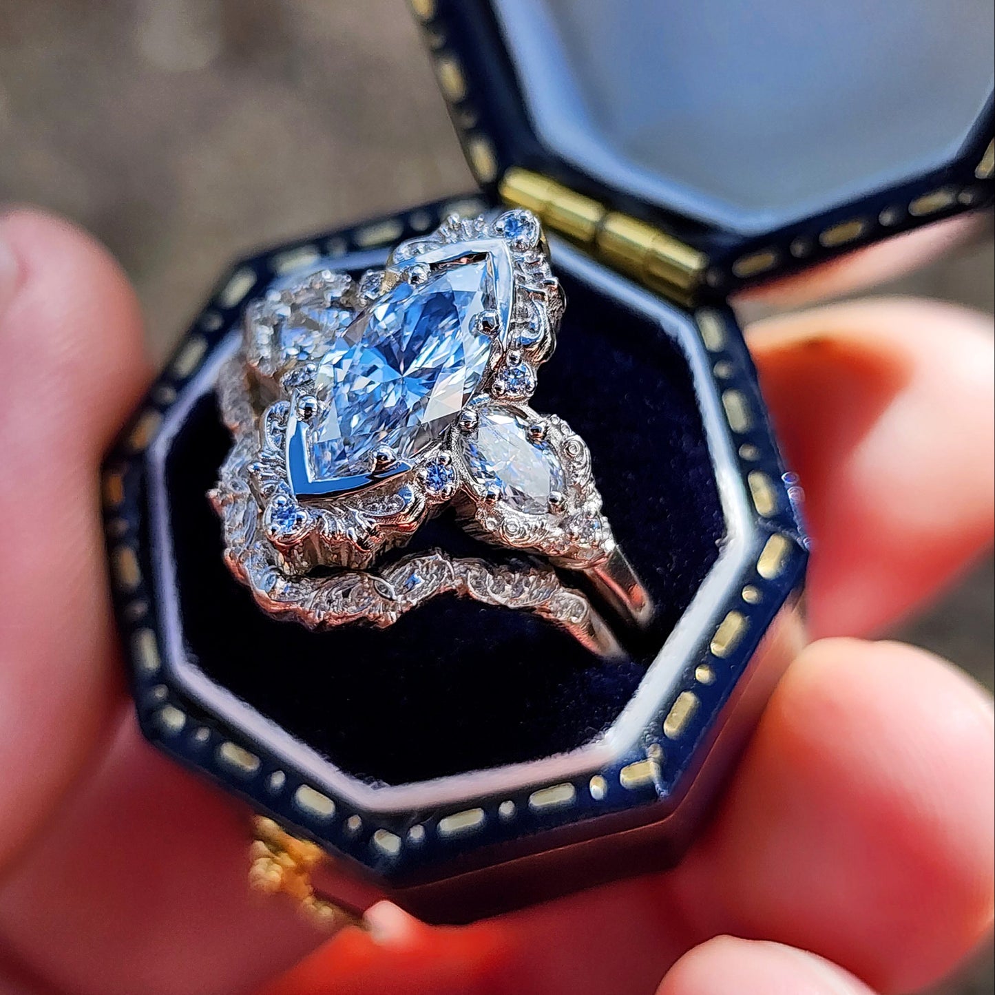 Josephine Filigree Wedding Ring Set with a 1.27ct E/VVS2 Marquise Lab Diamond image 4