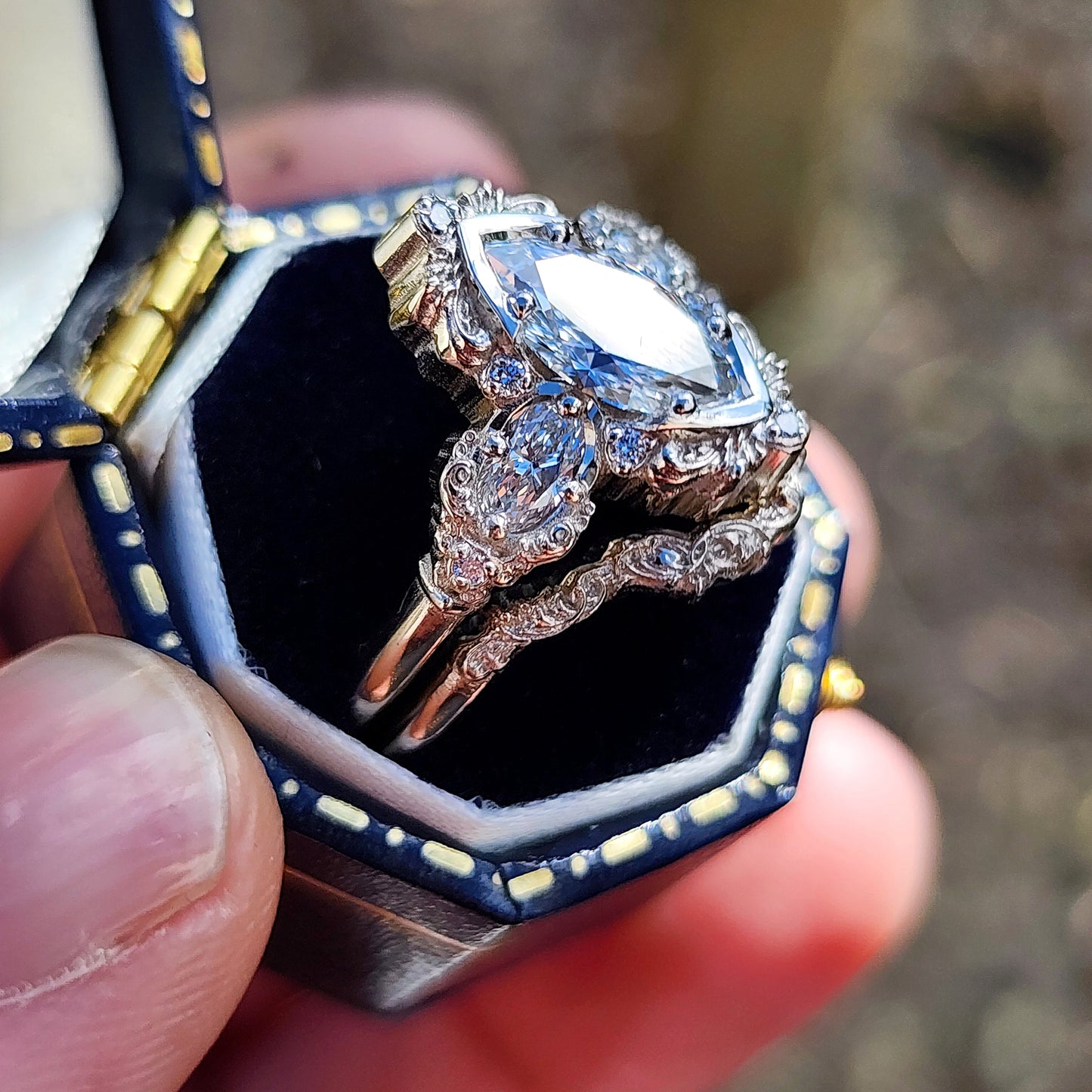 Josephine Filigree Wedding Ring Set with a 1.27ct E/VVS2 Marquise Lab Diamond image 6