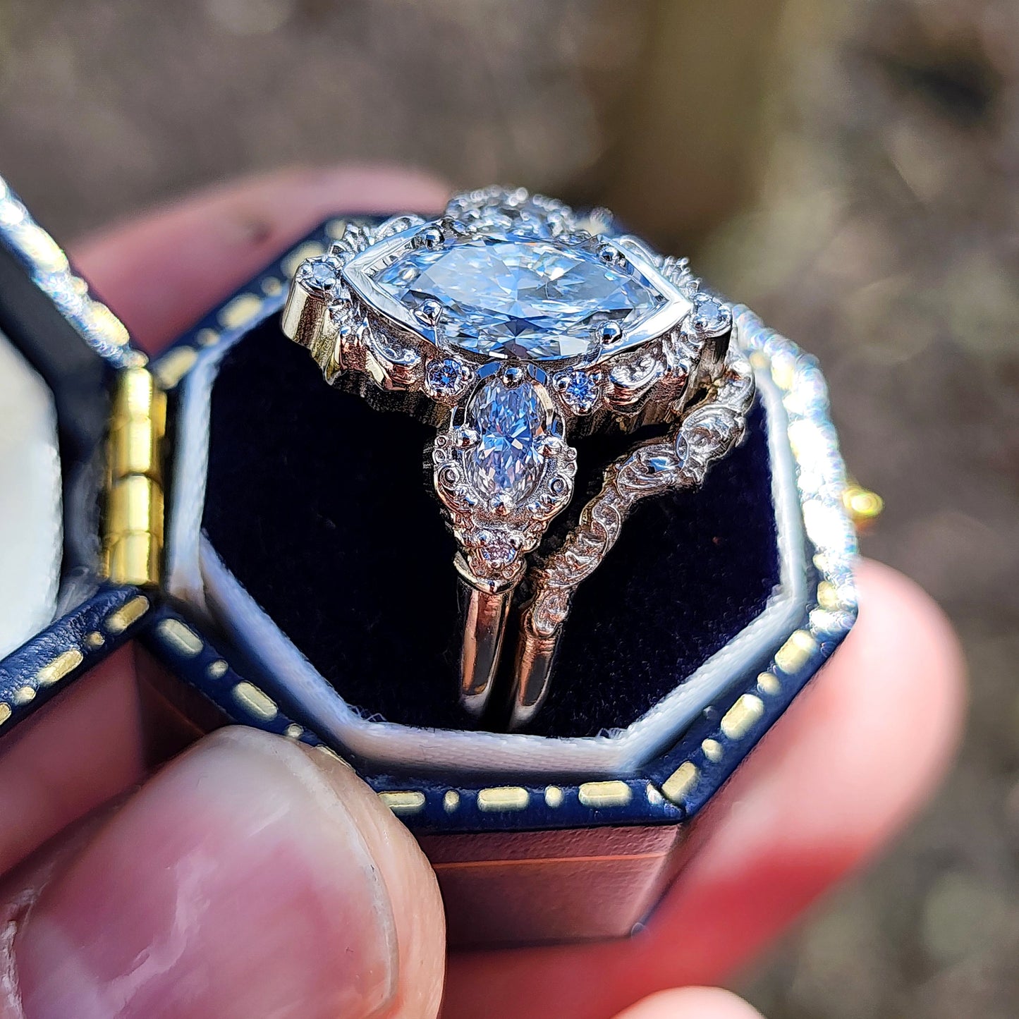 Josephine Filigree Wedding Ring Set with a 1.27ct E/VVS2 Marquise Lab Diamond image 7