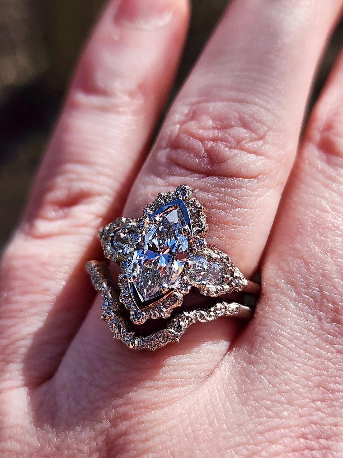 Josephine Filigree Wedding Ring Set with a 1.27ct E/VVS2 Marquise Lab Diamond image 9