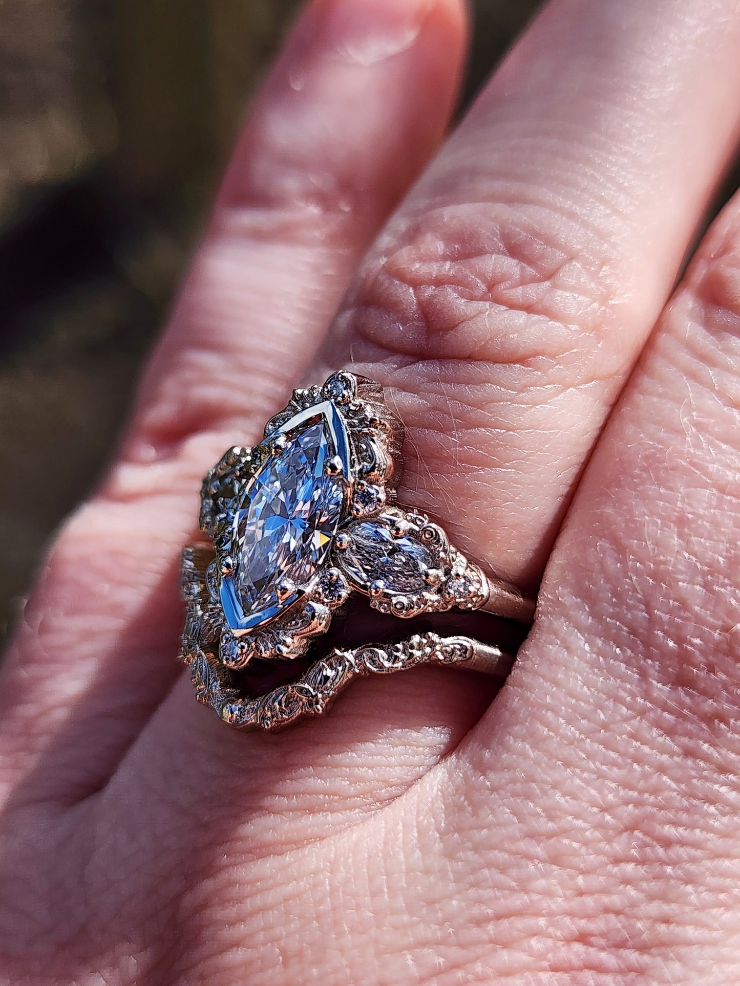 Josephine Filigree Wedding Ring Set with a 1.27ct E/VVS2 Marquise Lab Diamond image 10