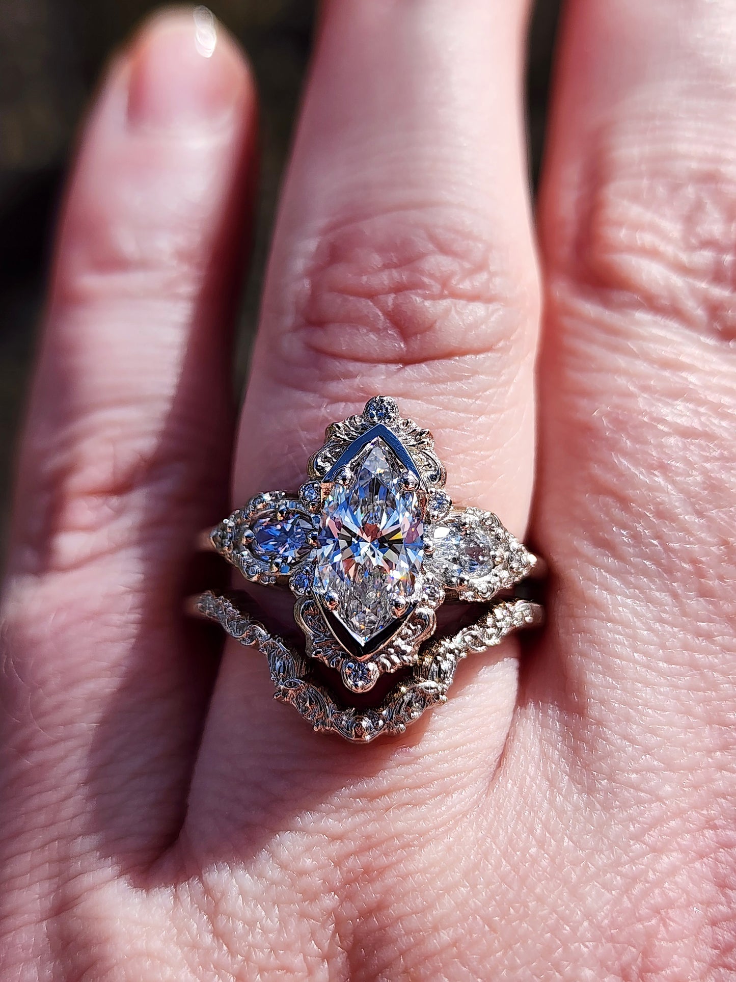 Josephine Filigree Wedding Ring Set with a 1.27ct E/VVS2 Marquise Lab Diamond image 8