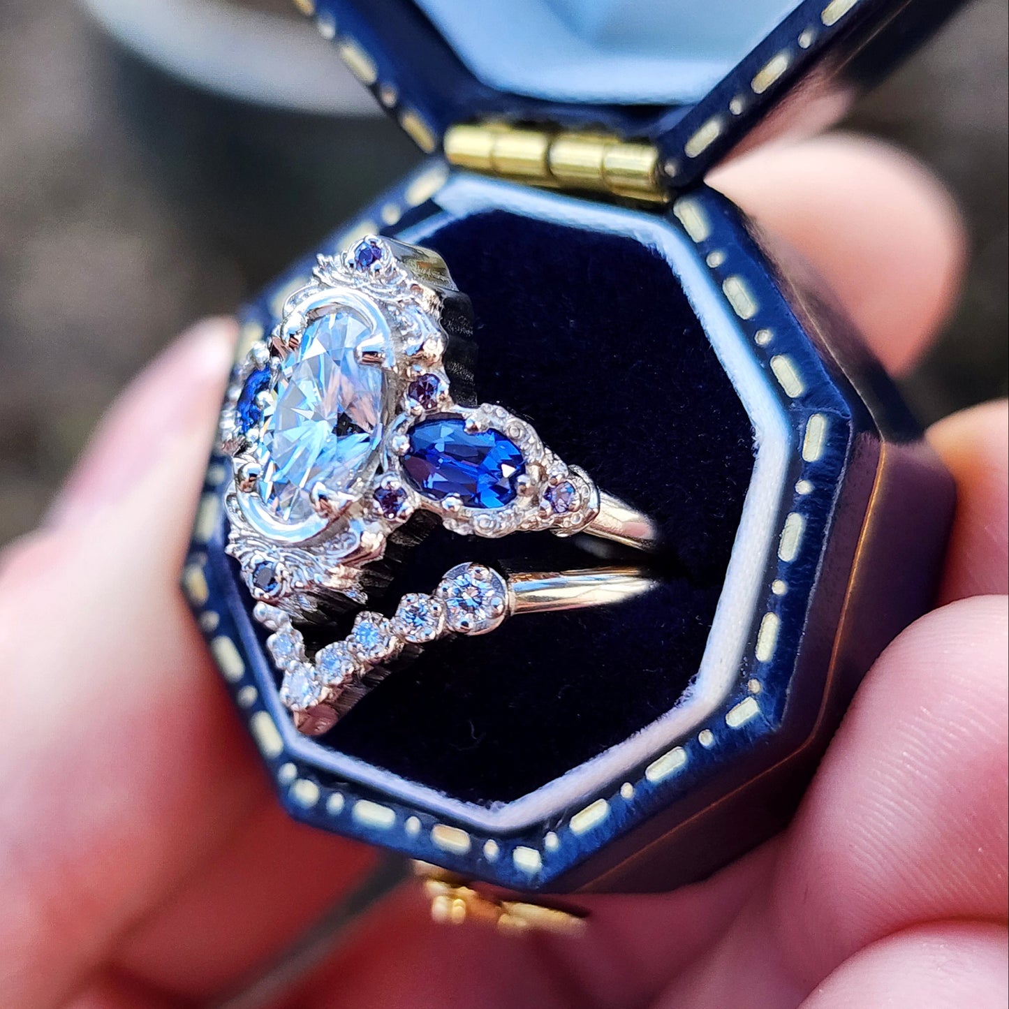 Josephine Set with a 1.10ct Elongated Oval Moissanite and Lab Blue Oval Sapphire Sides image 7