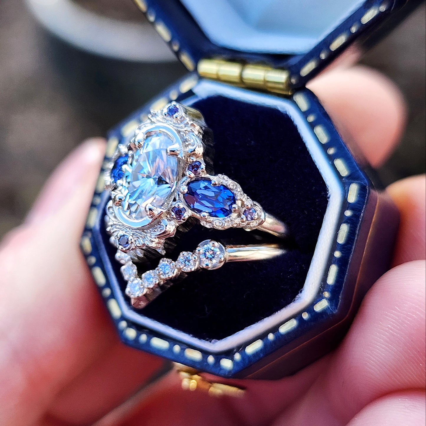 Josephine Set with a 1.10ct Elongated Oval Moissanite and Lab Blue Oval Sapphire Sides image 6