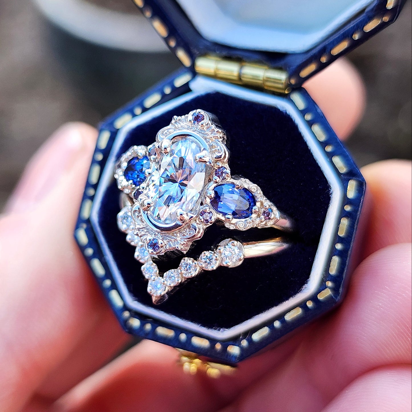 Josephine Set with a 1.10ct Elongated Oval Moissanite and Lab Blue Oval Sapphire Sides image 5