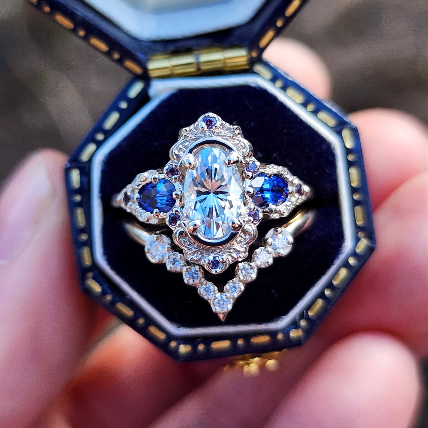 Josephine Set with a 1.10ct Elongated Oval Moissanite and Lab Blue Oval Sapphire Sides image 4