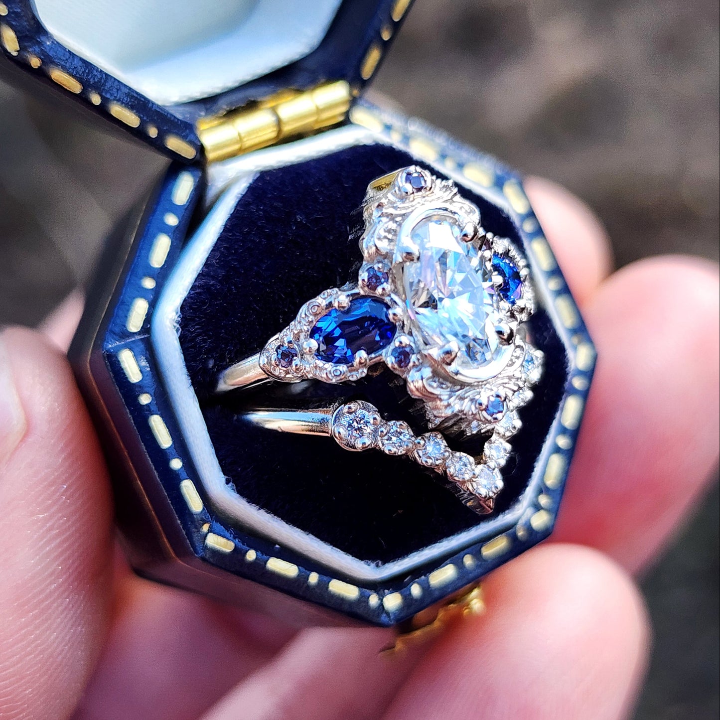 Josephine Set with a 1.10ct Elongated Oval Moissanite and Lab Blue Oval Sapphire Sides image 3