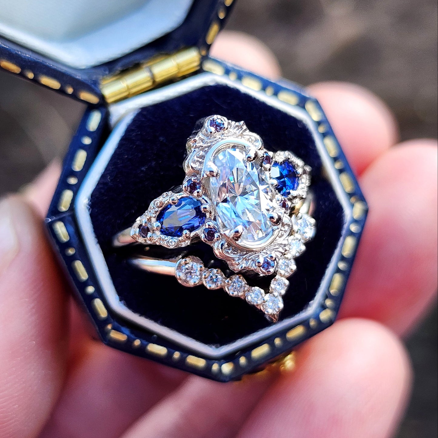 Josephine Set with a 1.10ct Elongated Oval Moissanite and Lab Blue Oval Sapphire Sides image 2