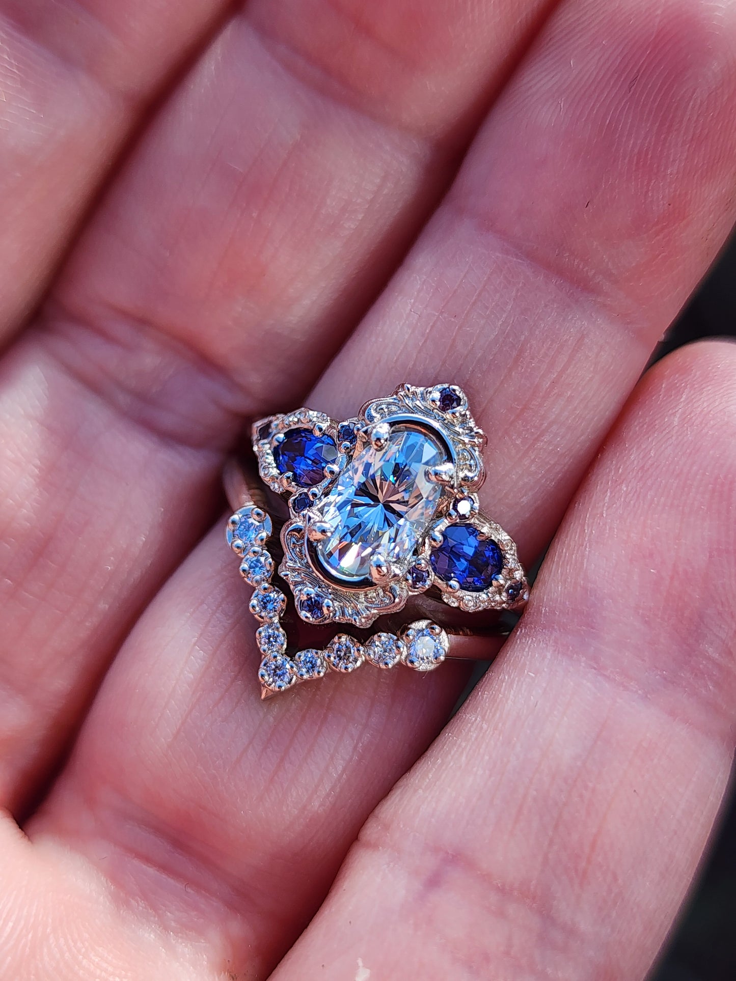 Josephine Set with a 1.10ct Elongated Oval Moissanite and Lab Blue Oval Sapphire Sides image 8
