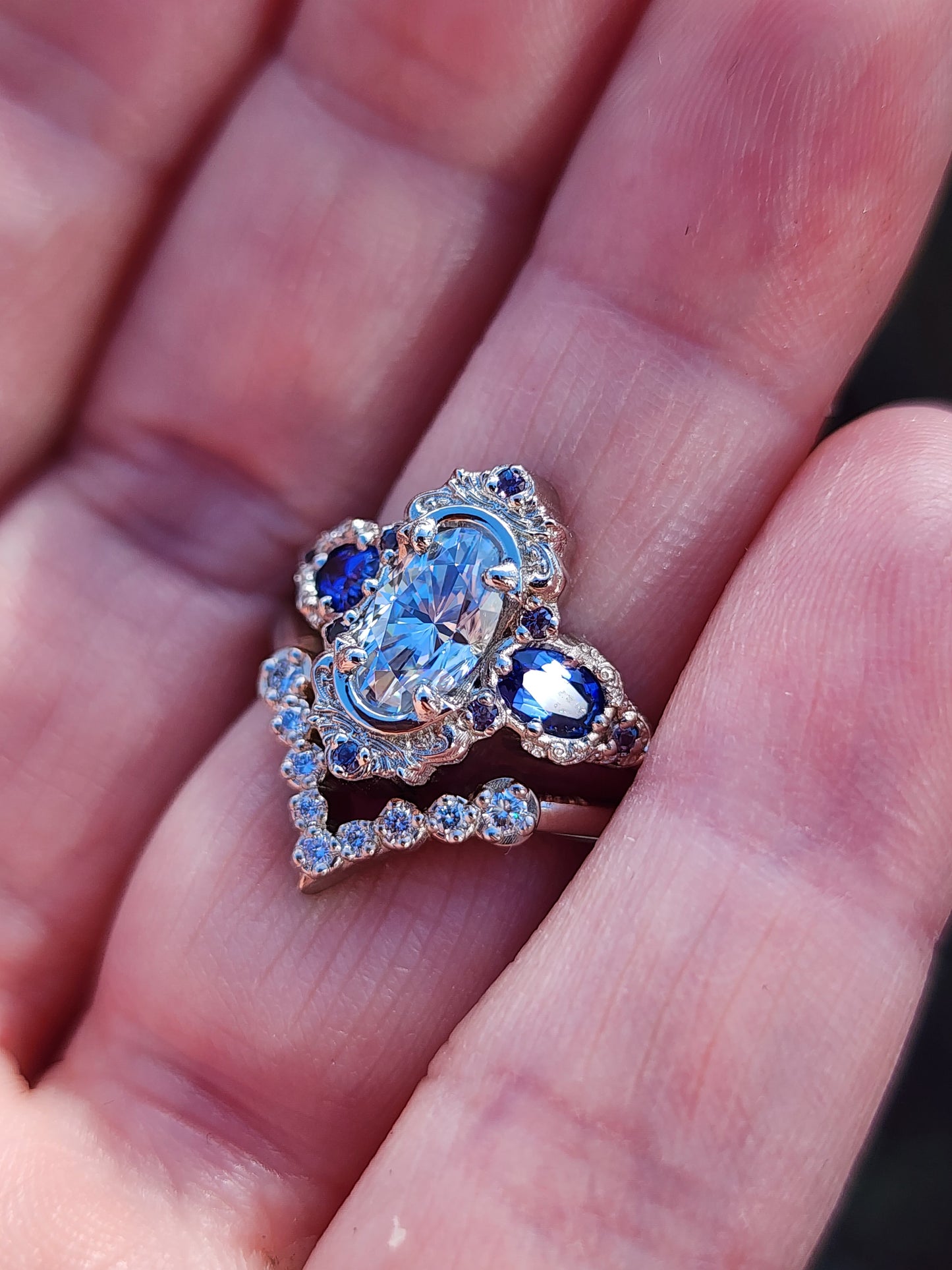 Josephine Set with a 1.10ct Elongated Oval Moissanite and Lab Blue Oval Sapphire Sides image 9