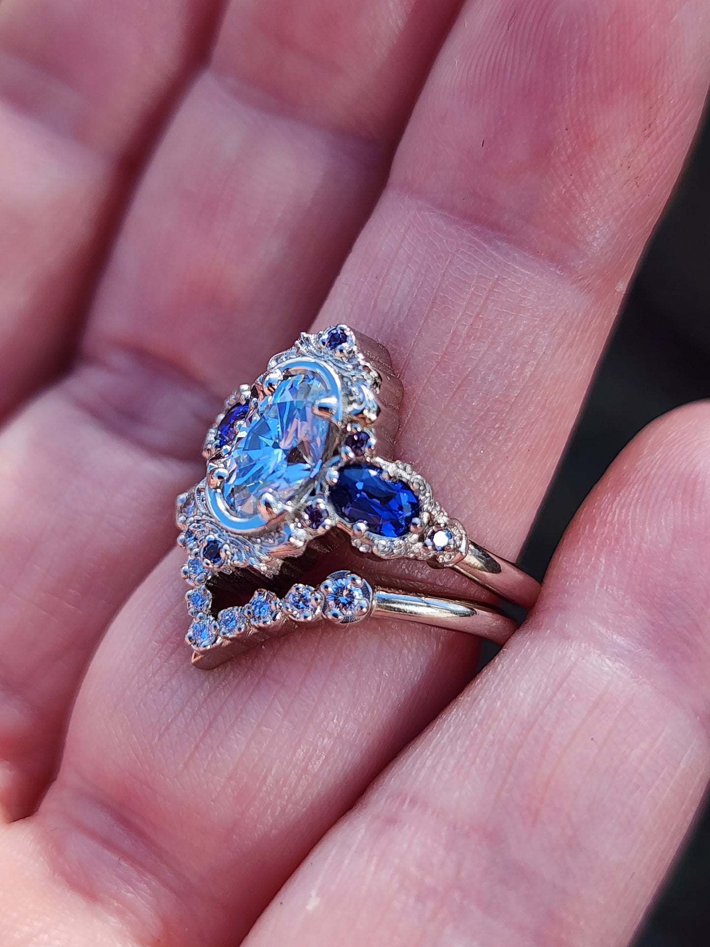 Josephine Set with a 1.10ct Elongated Oval Moissanite and Lab Blue Oval Sapphire Sides image 10