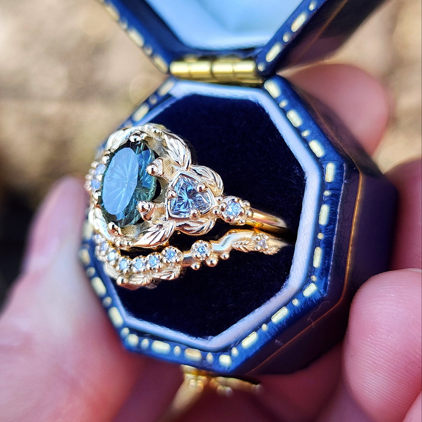 Dream Garden Engagement Ring Set 1.43ct Teal Unheated Montana Fantasy Cut Sapphire image 6