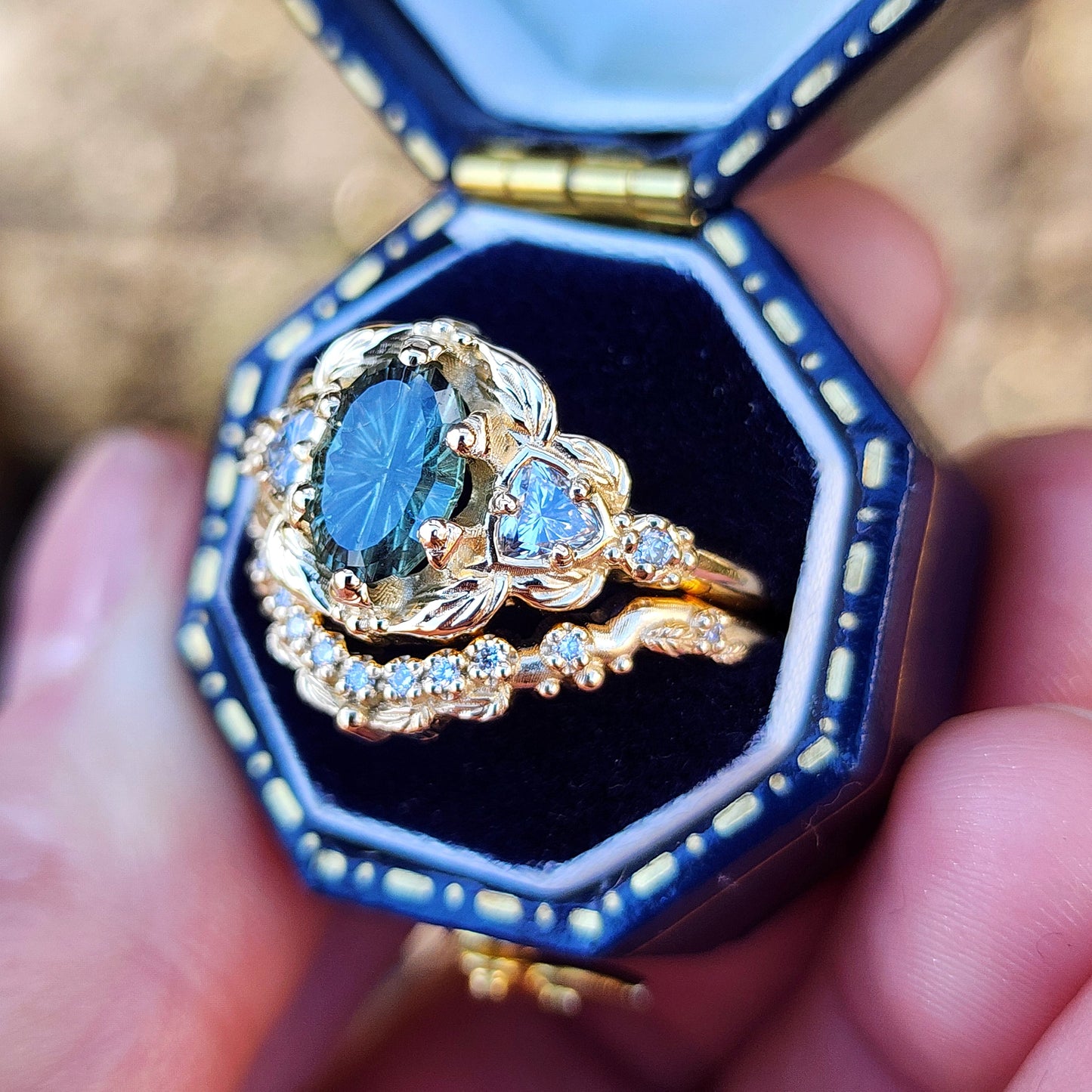 Dream Garden Engagement Ring Set 1.43ct Teal Unheated Montana Fantasy Cut Sapphire image 5