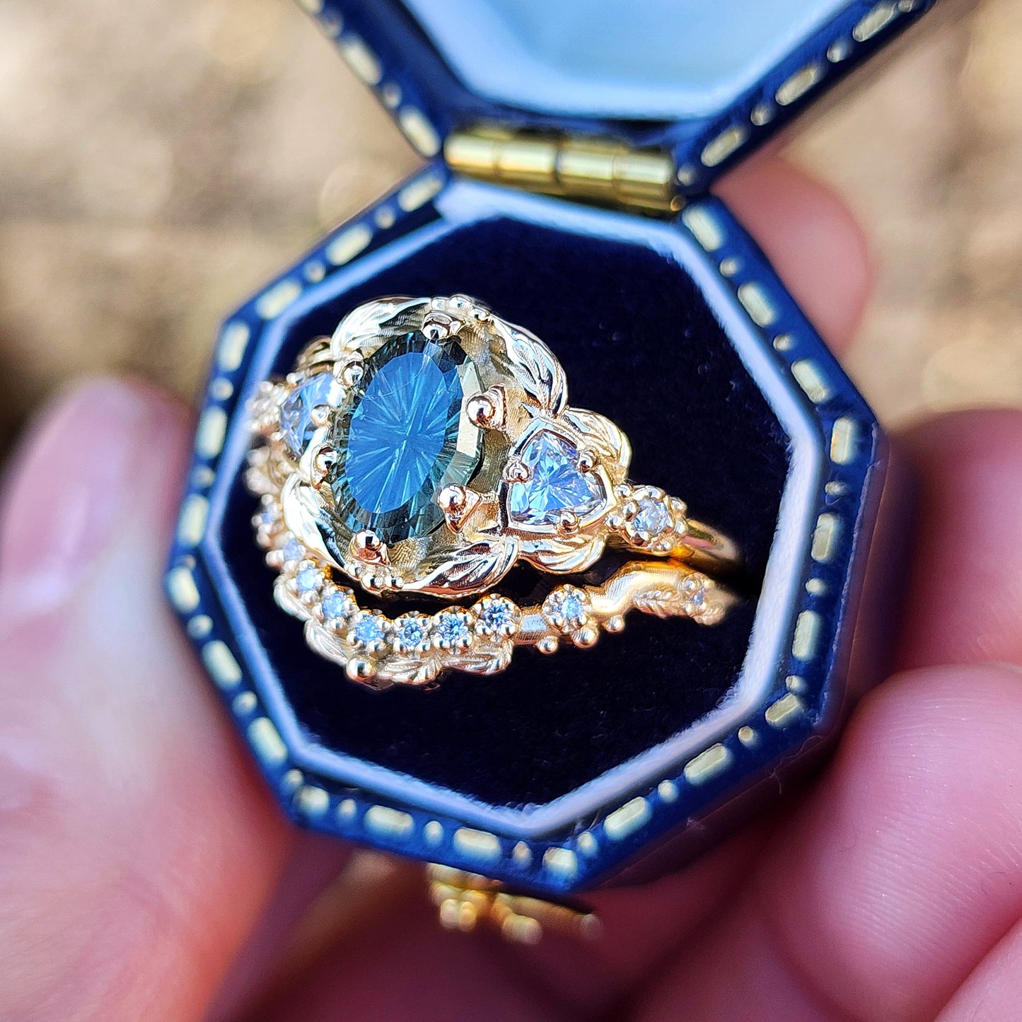 Dream Garden Engagement Ring Set 1.43ct Teal Unheated Montana Fantasy Cut Sapphire image 4