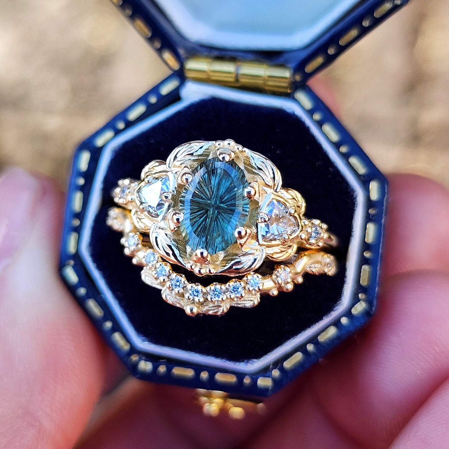 Dream Garden Engagement Ring Set 1.43ct Teal Unheated Montana Fantasy Cut Sapphire image 3