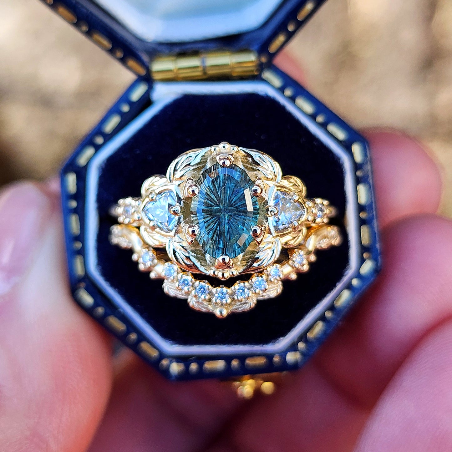 Dream Garden Engagement Ring Set 1.43ct Teal Unheated Montana Fantasy Cut Sapphire image 1