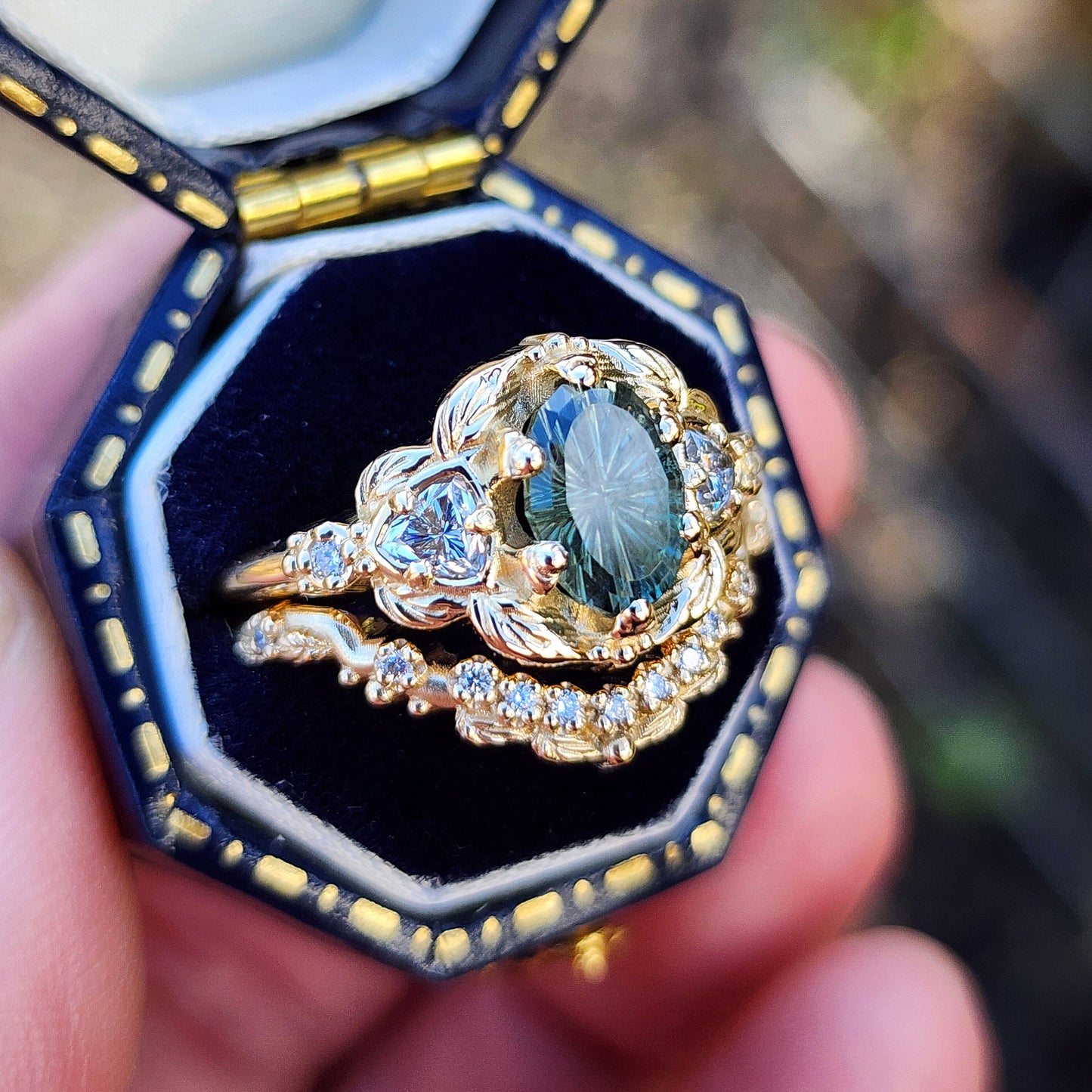 Dream Garden Engagement Ring Set 1.43ct Teal Unheated Montana Fantasy Cut Sapphire image 2
