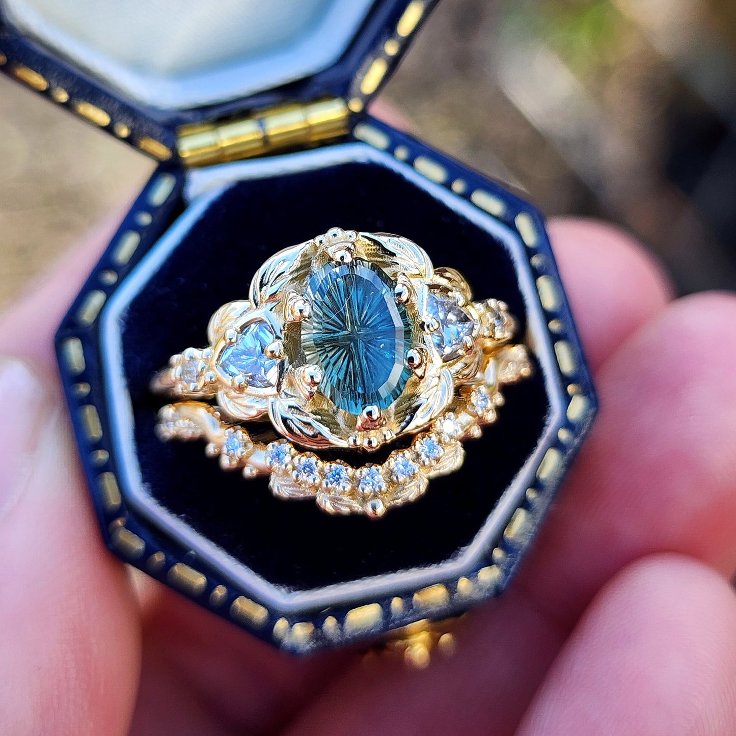 Dream Garden Engagement Ring Set 1.43ct Teal Unheated Montana Fantasy Cut Sapphire image 7