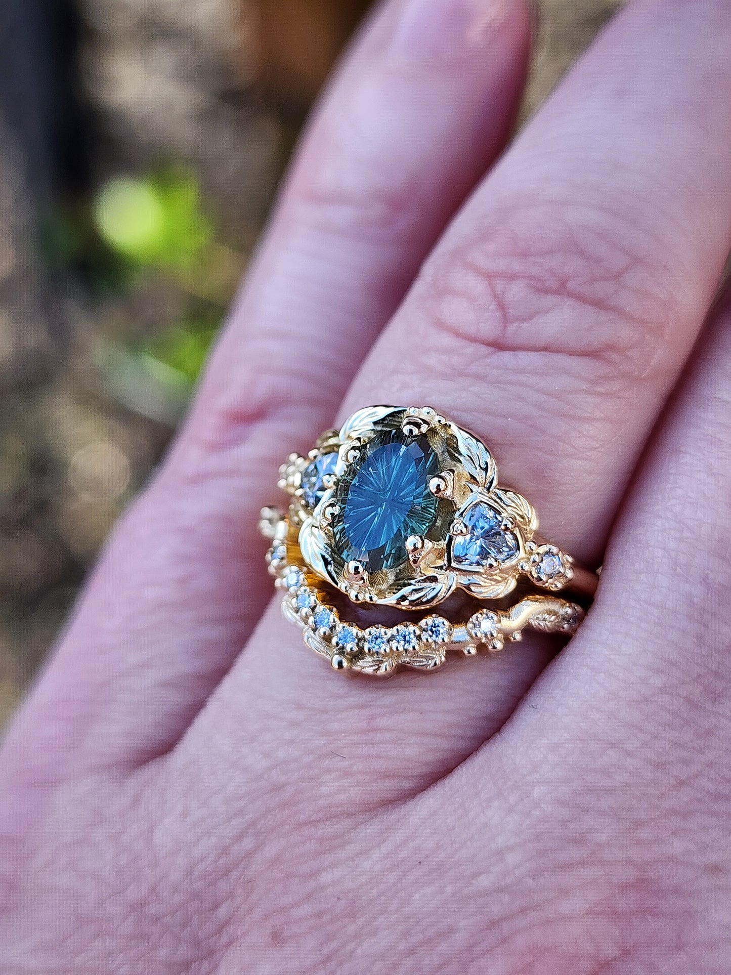 Dream Garden Engagement Ring Set 1.43ct Teal Unheated Montana Fantasy Cut Sapphire image 10
