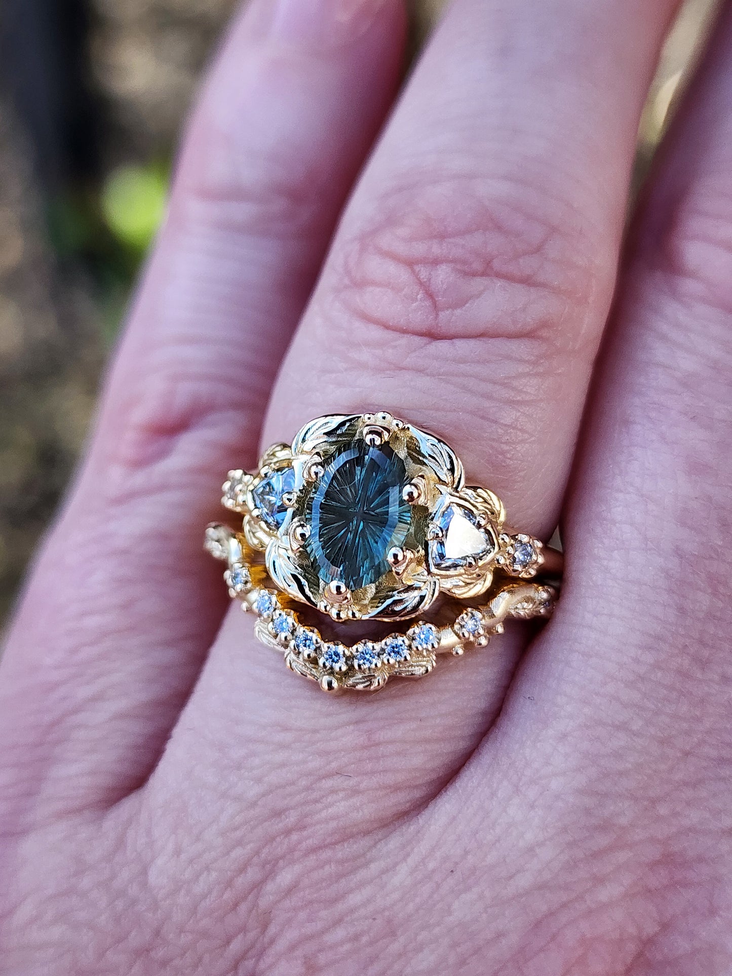 Dream Garden Engagement Ring Set 1.43ct Teal Unheated Montana Fantasy Cut Sapphire image 11