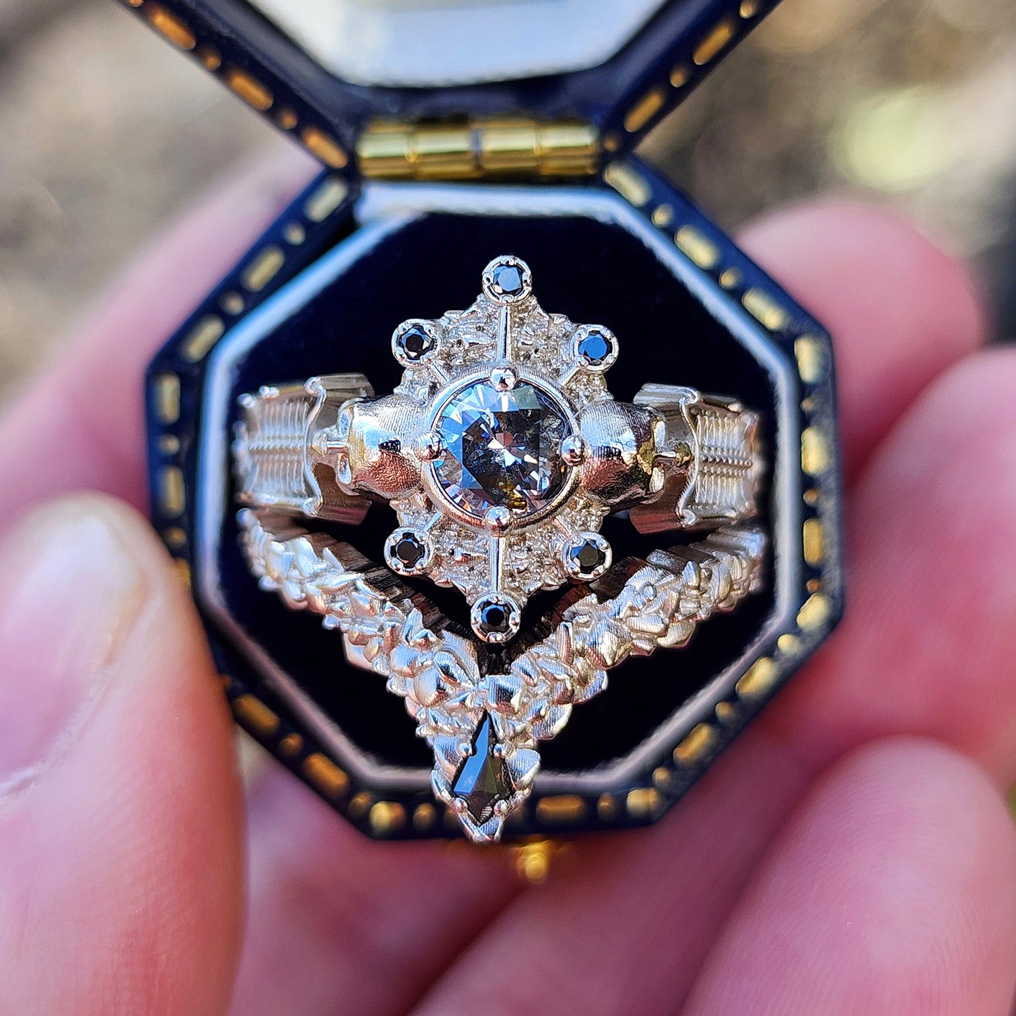 Gothic Salt & Pepper Diamond Skeleton Ring with Kite Rock Side Band image 1