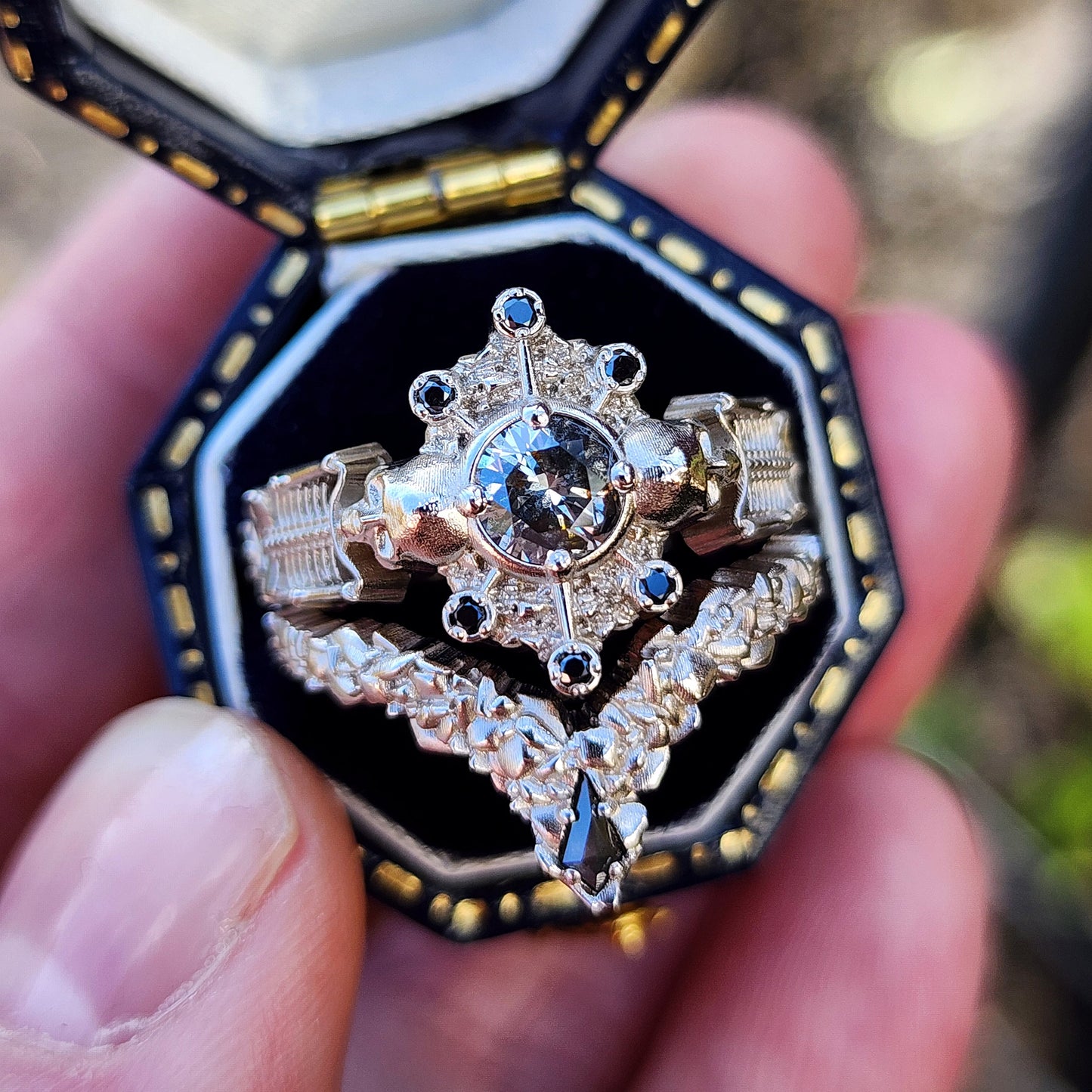 Gothic Salt & Pepper Diamond Skeleton Ring with Kite Rock Side Band image 3