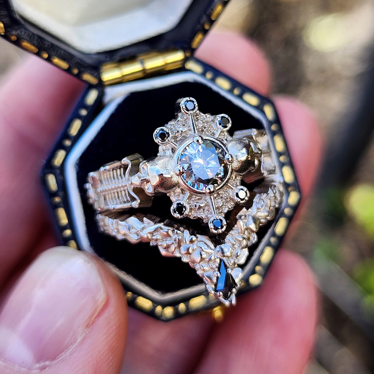 Gothic Salt & Pepper Diamond Skeleton Ring with Kite Rock Side Band image 4