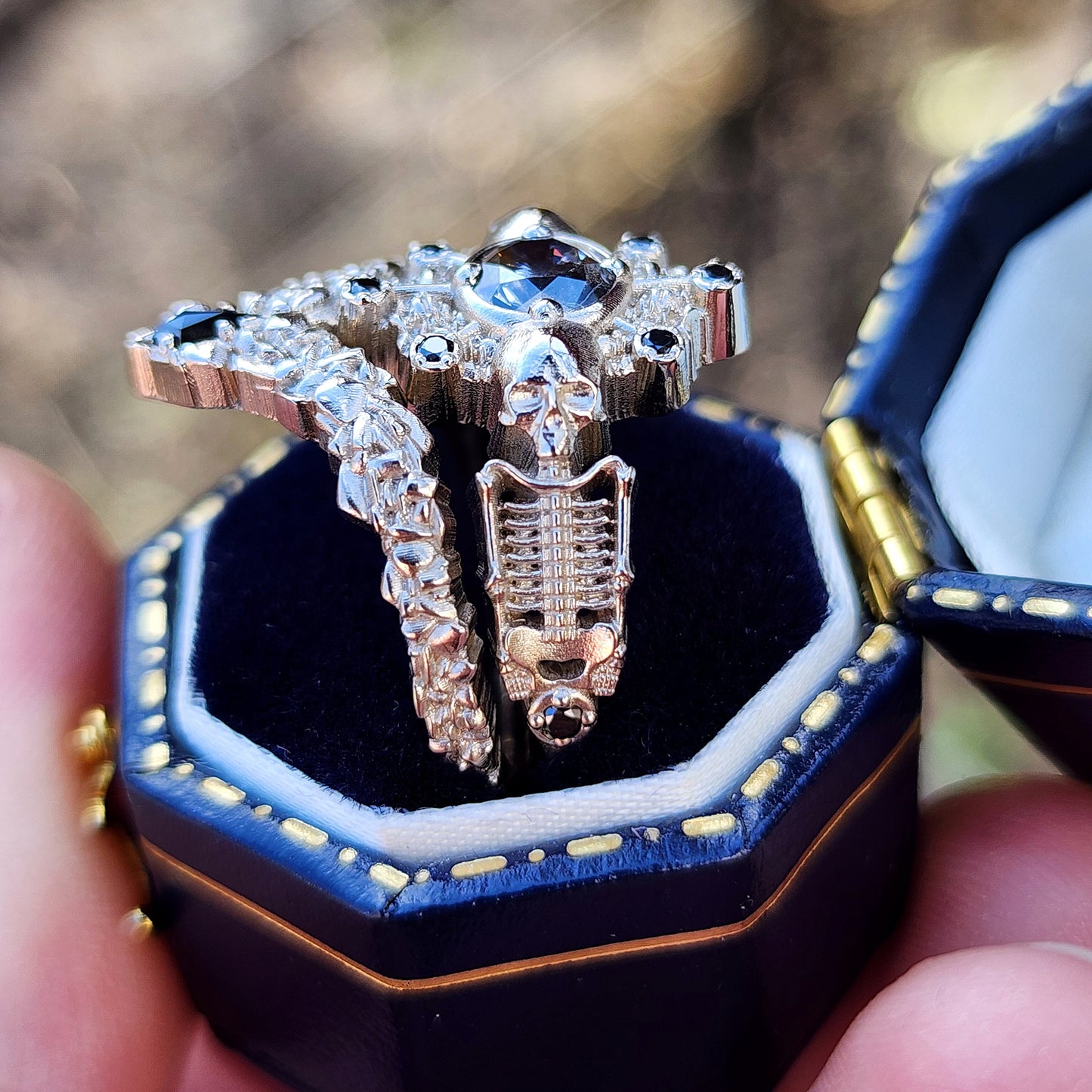 Gothic Salt & Pepper Diamond Skeleton Ring with Kite Rock Side Band image 2
