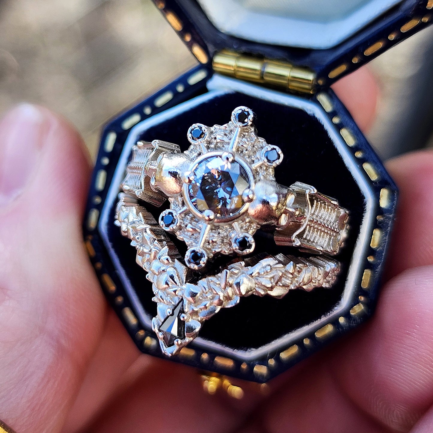 Gothic Salt & Pepper Diamond Skeleton Ring with Kite Rock Side Band image 5