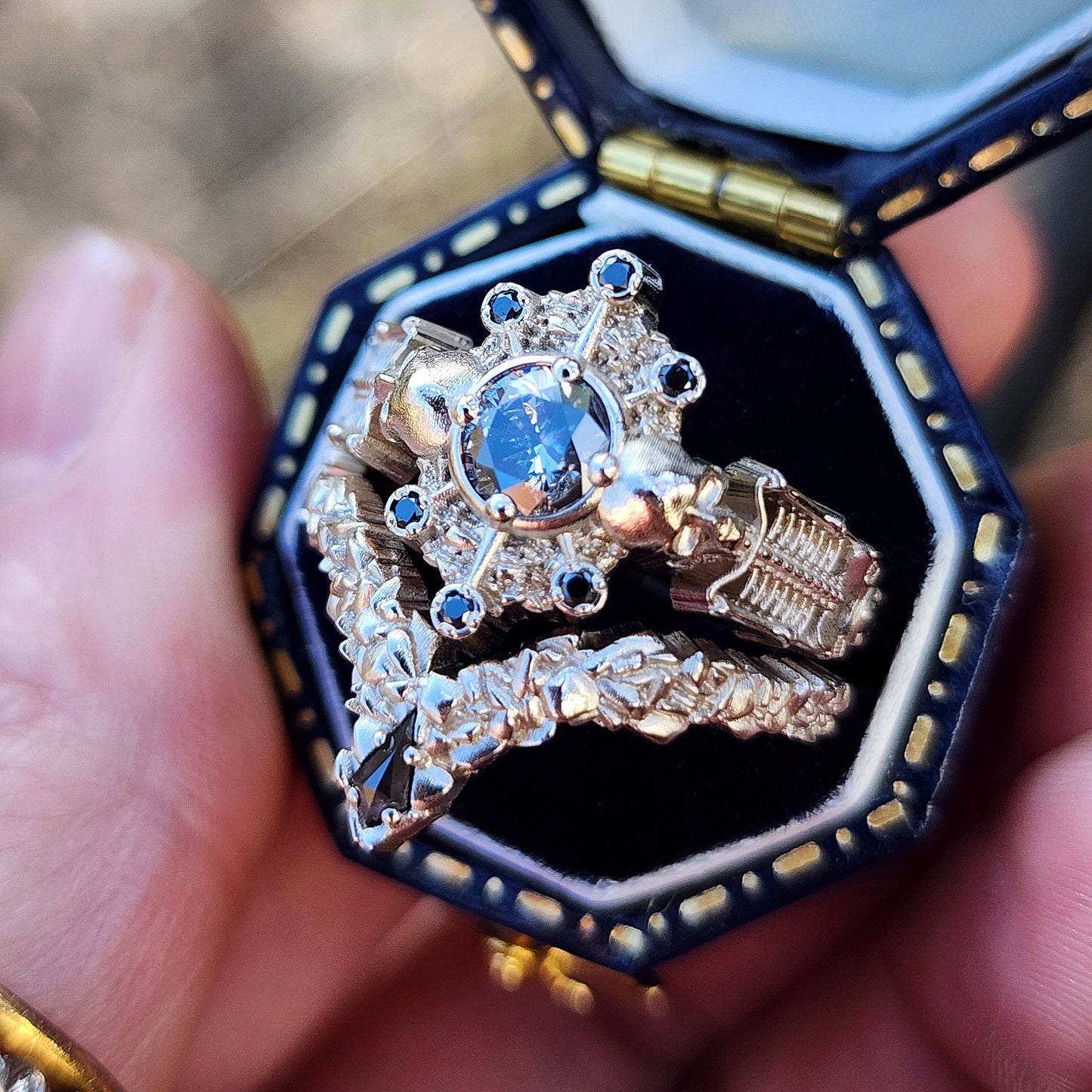 Gothic Salt & Pepper Diamond Skeleton Ring with Kite Rock Side Band image 6