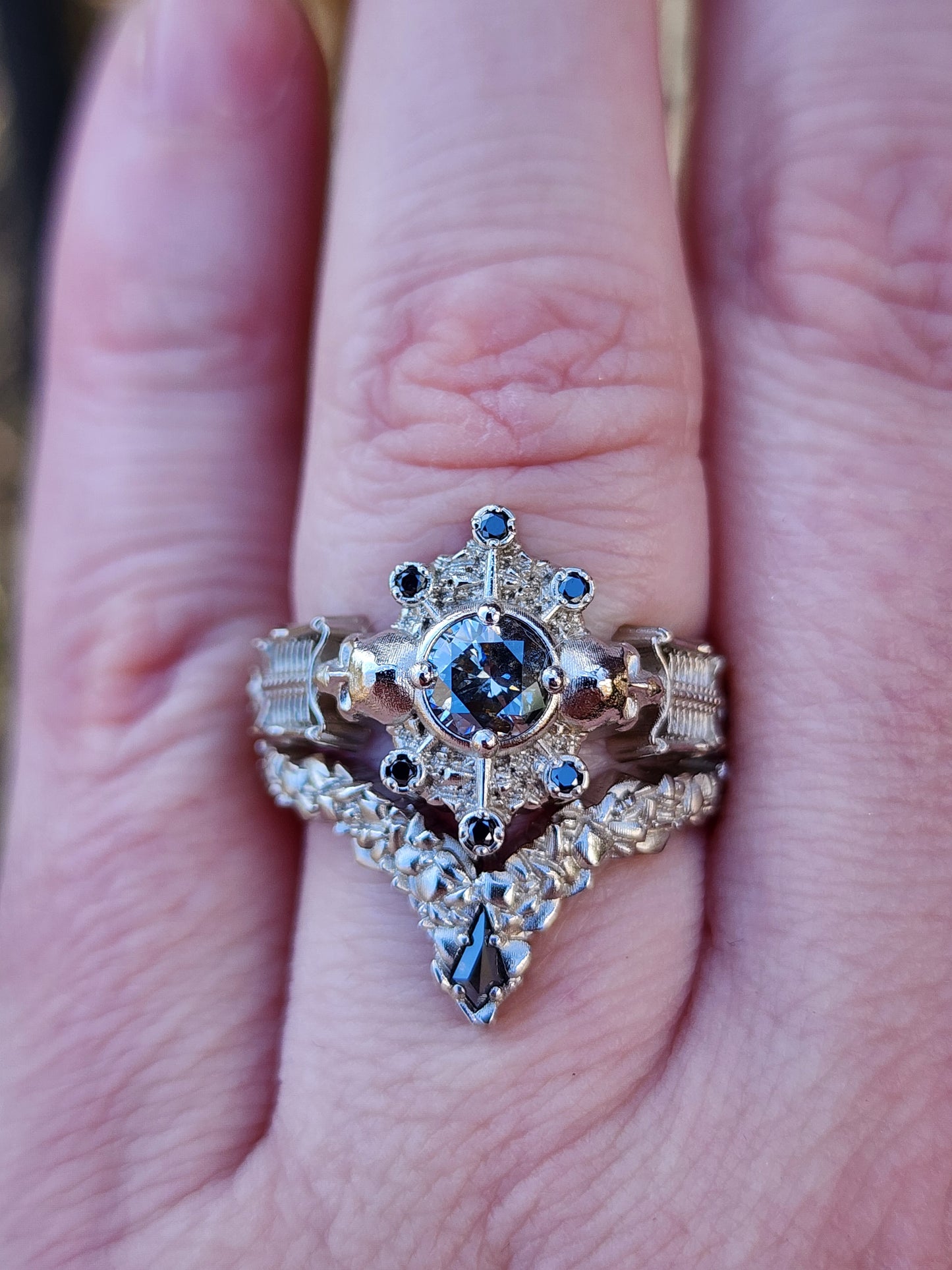 Gothic Salt & Pepper Diamond Skeleton Ring with Kite Rock Side Band image 7