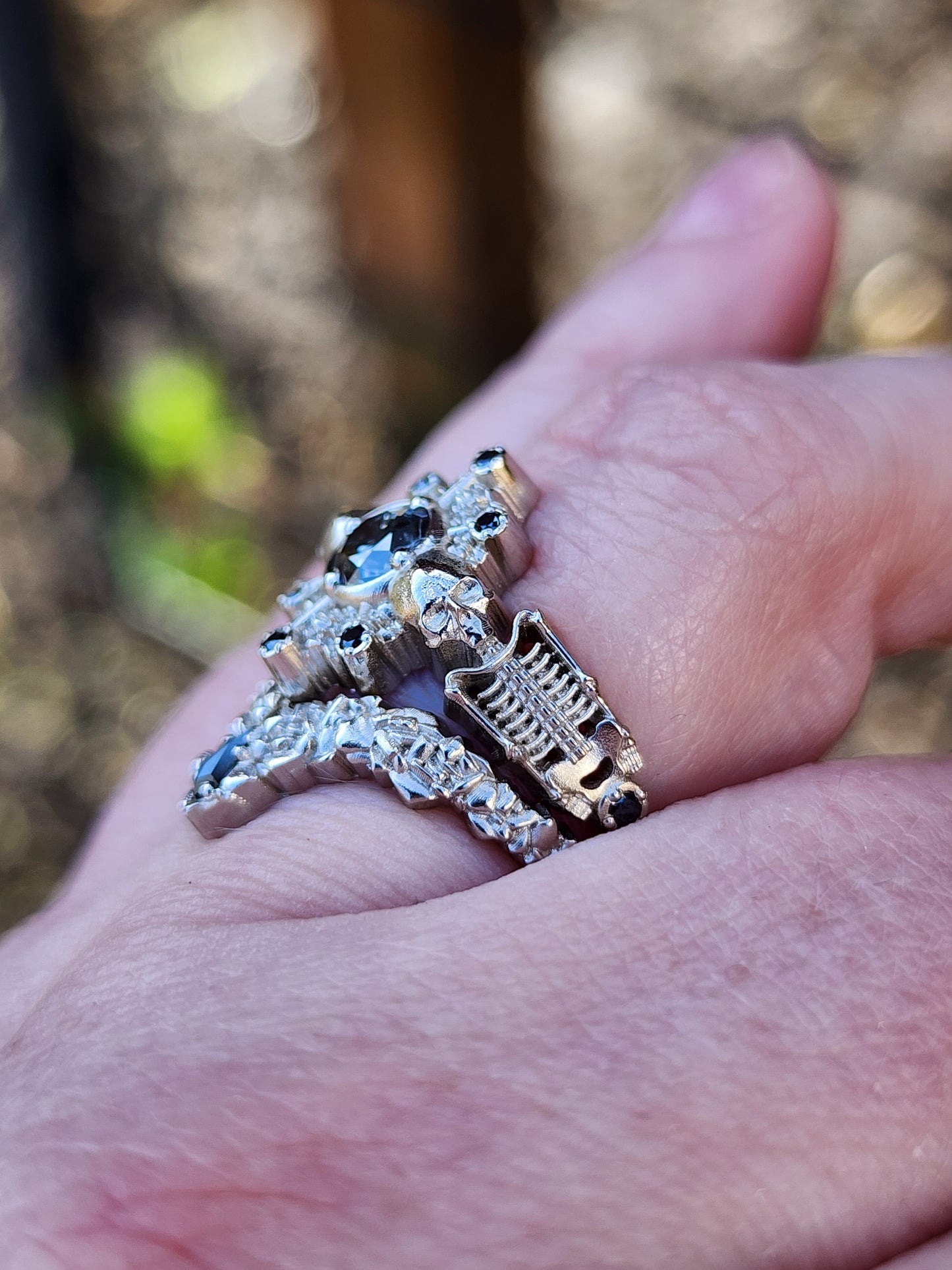Gothic Salt & Pepper Diamond Skeleton Ring with Kite Rock Side Band image 8
