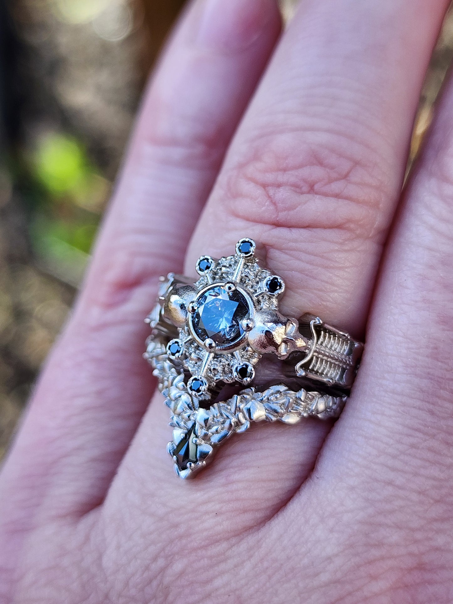 Gothic Salt & Pepper Diamond Skeleton Ring with Kite Rock Side Band image 9