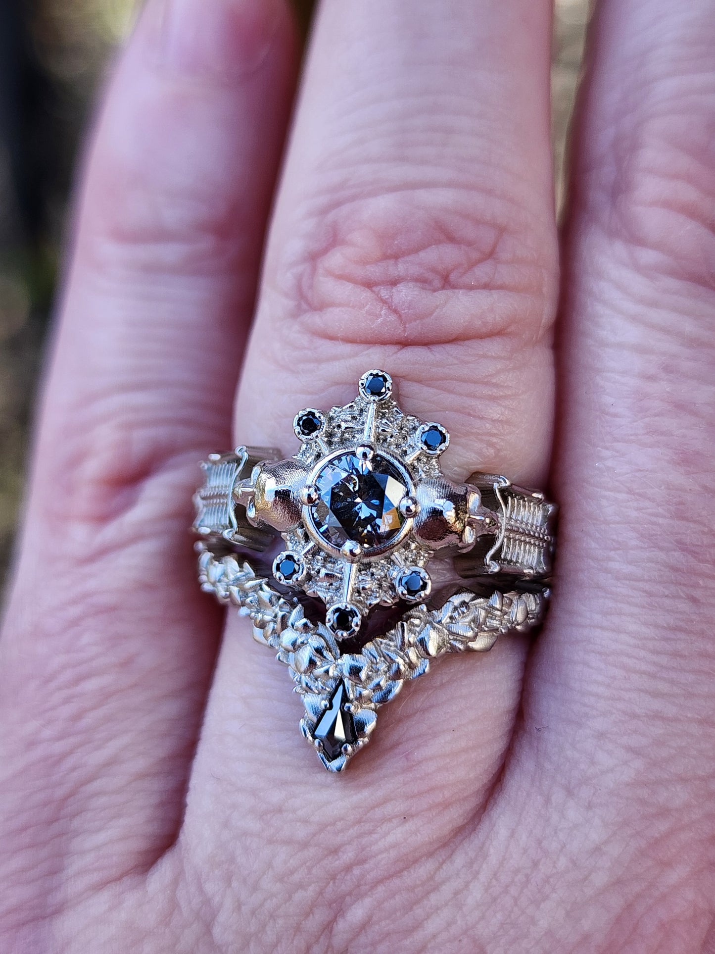 Gothic Salt & Pepper Diamond Skeleton Ring with Kite Rock Side Band image 10