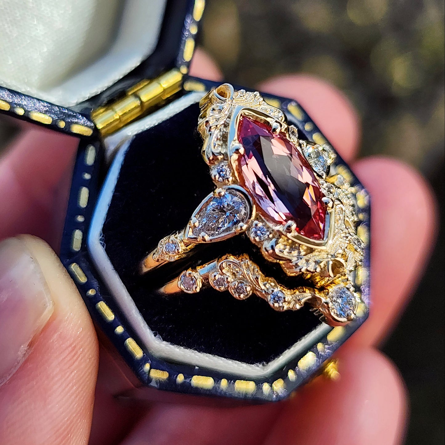 Peachy Pink Sapphire Odette Marquise Engagement Ring Set image 6