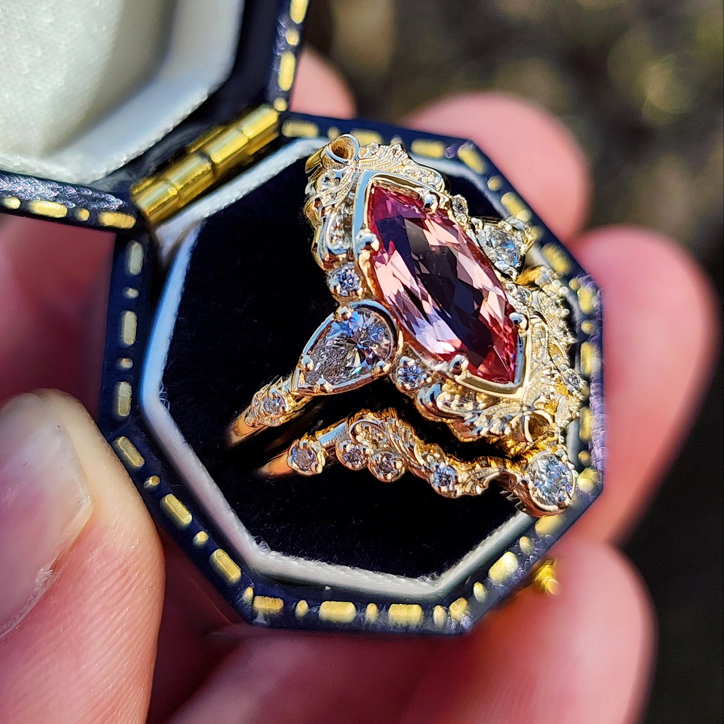 Peachy Pink Sapphire Odette Marquise Engagement Ring Set image 5