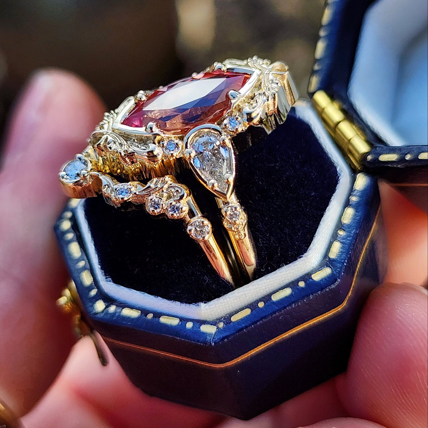 Peachy Pink Sapphire Odette Marquise Engagement Ring Set image 7