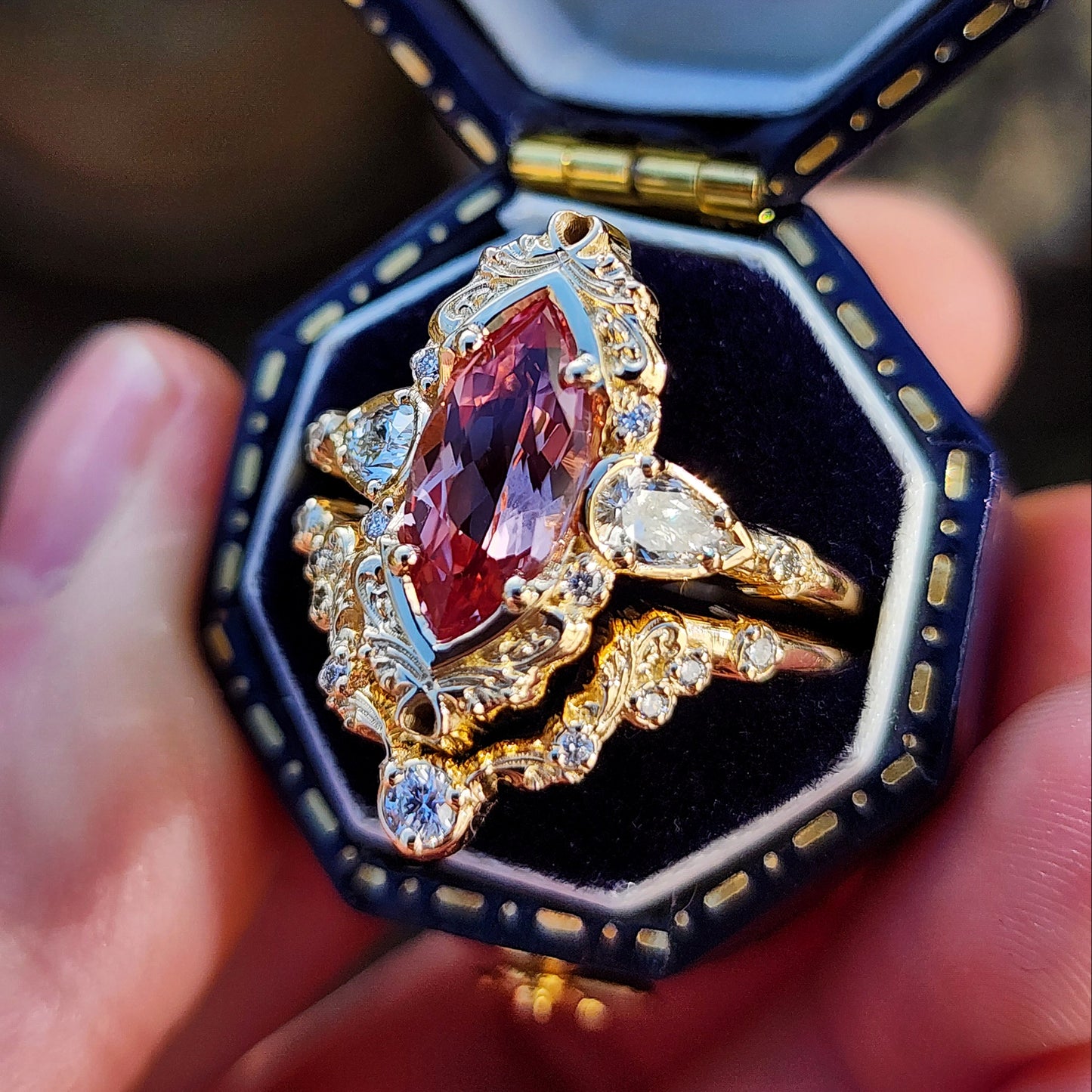 Peachy Pink Sapphire Odette Marquise Engagement Ring Set image 3