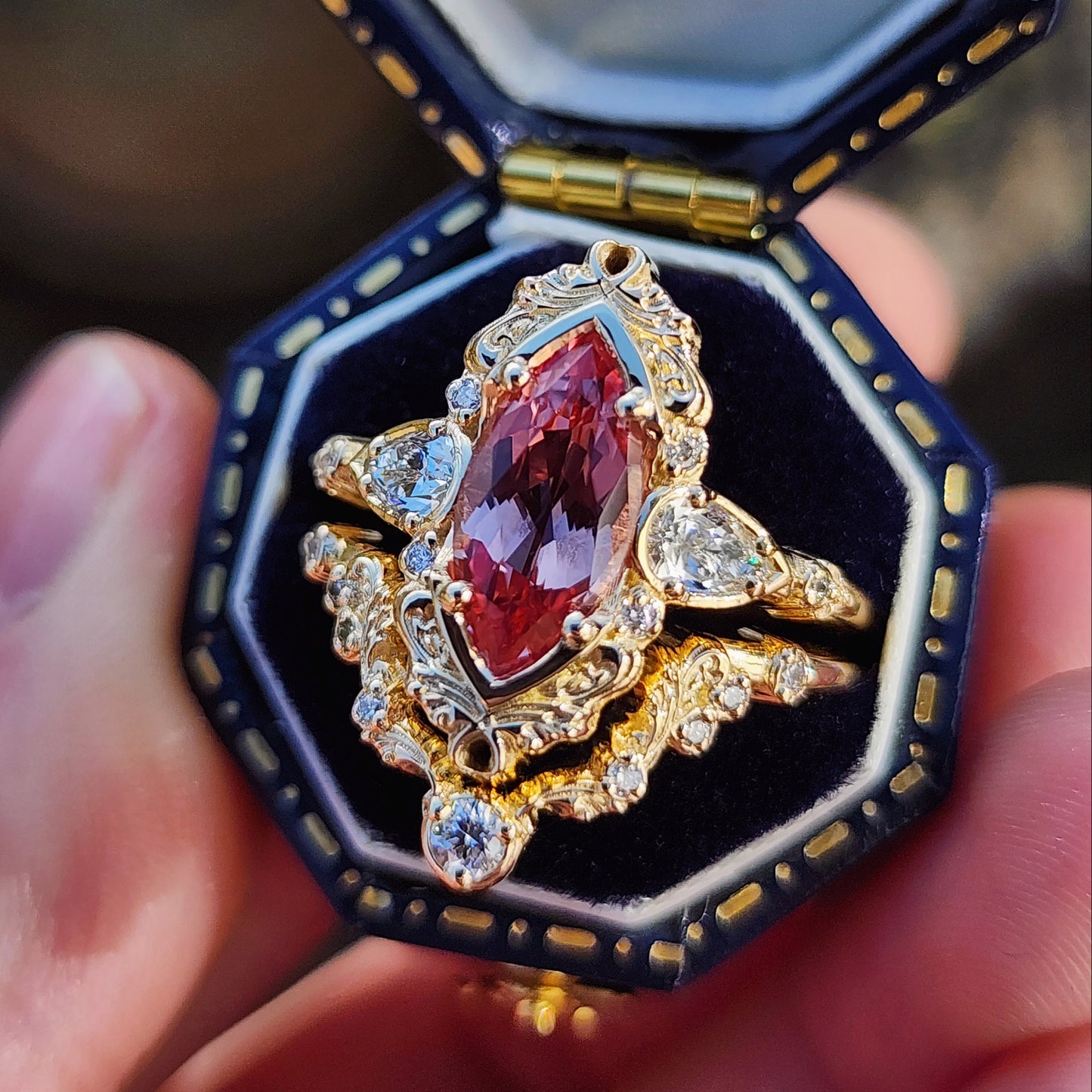 Peachy Pink Sapphire Odette Marquise Engagement Ring Set image 4