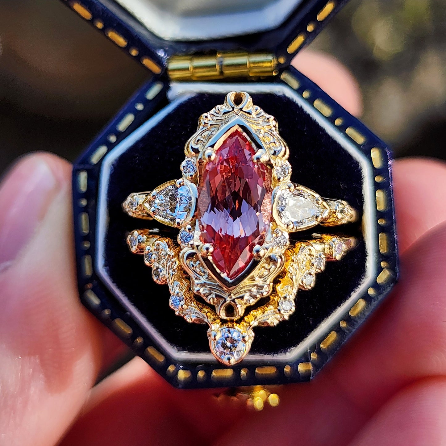 Peachy Pink Sapphire Odette Marquise Engagement Ring Set image 1