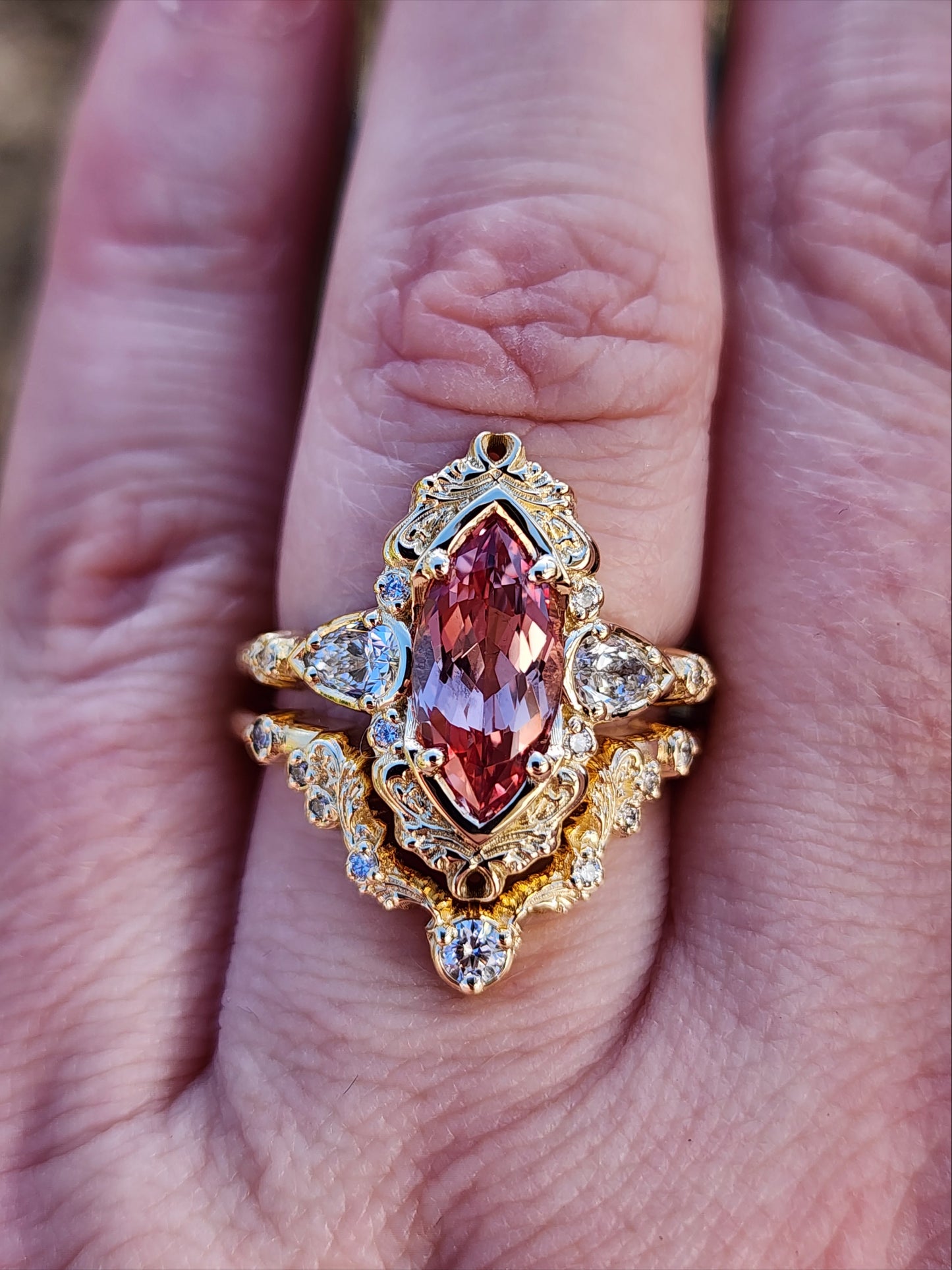 Peachy Pink Sapphire Odette Marquise Engagement Ring Set image 8