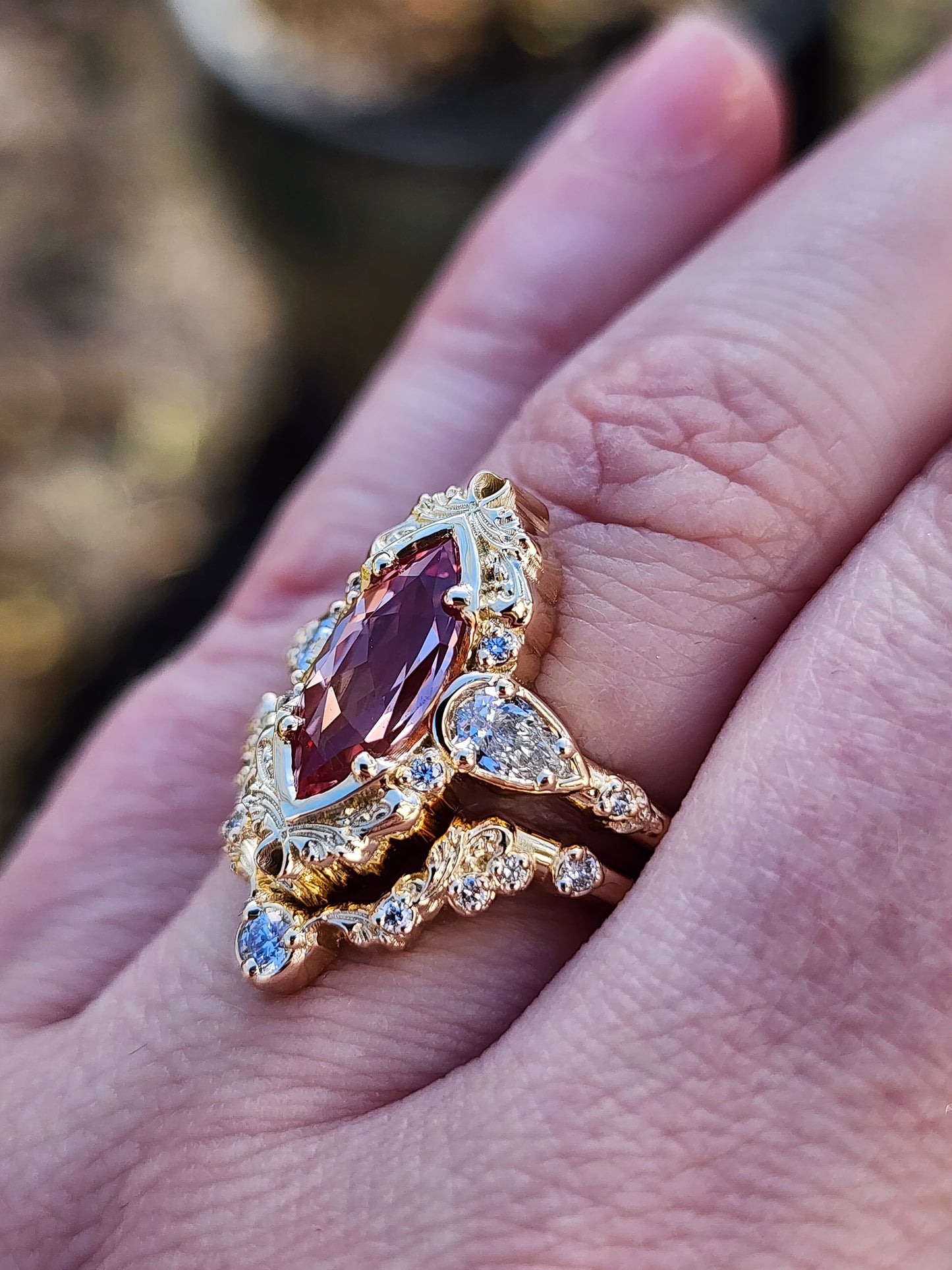 Peachy Pink Sapphire Odette Marquise Engagement Ring Set image 9