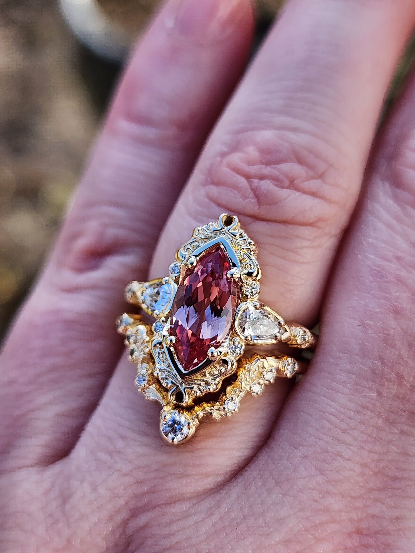 Peachy Pink Sapphire Odette Marquise Engagement Ring Set image 10