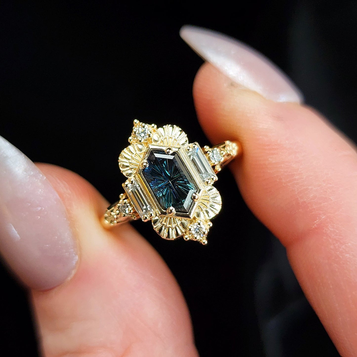 Elizabeth Tudor Style Ring with Fantasy cut Sapphire and Diamond Baguettes image 2