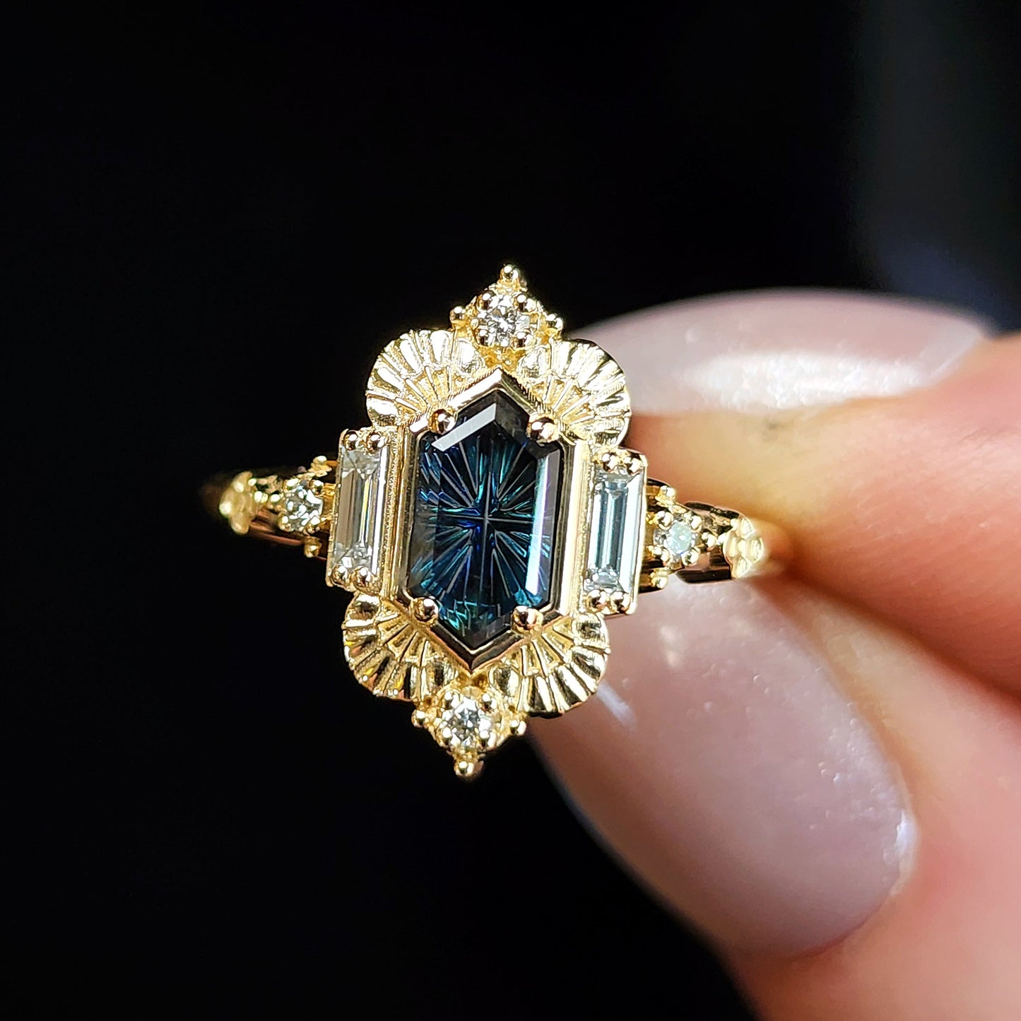 Elizabeth Tudor Style Ring with Fantasy cut Sapphire and Diamond Baguettes image 1